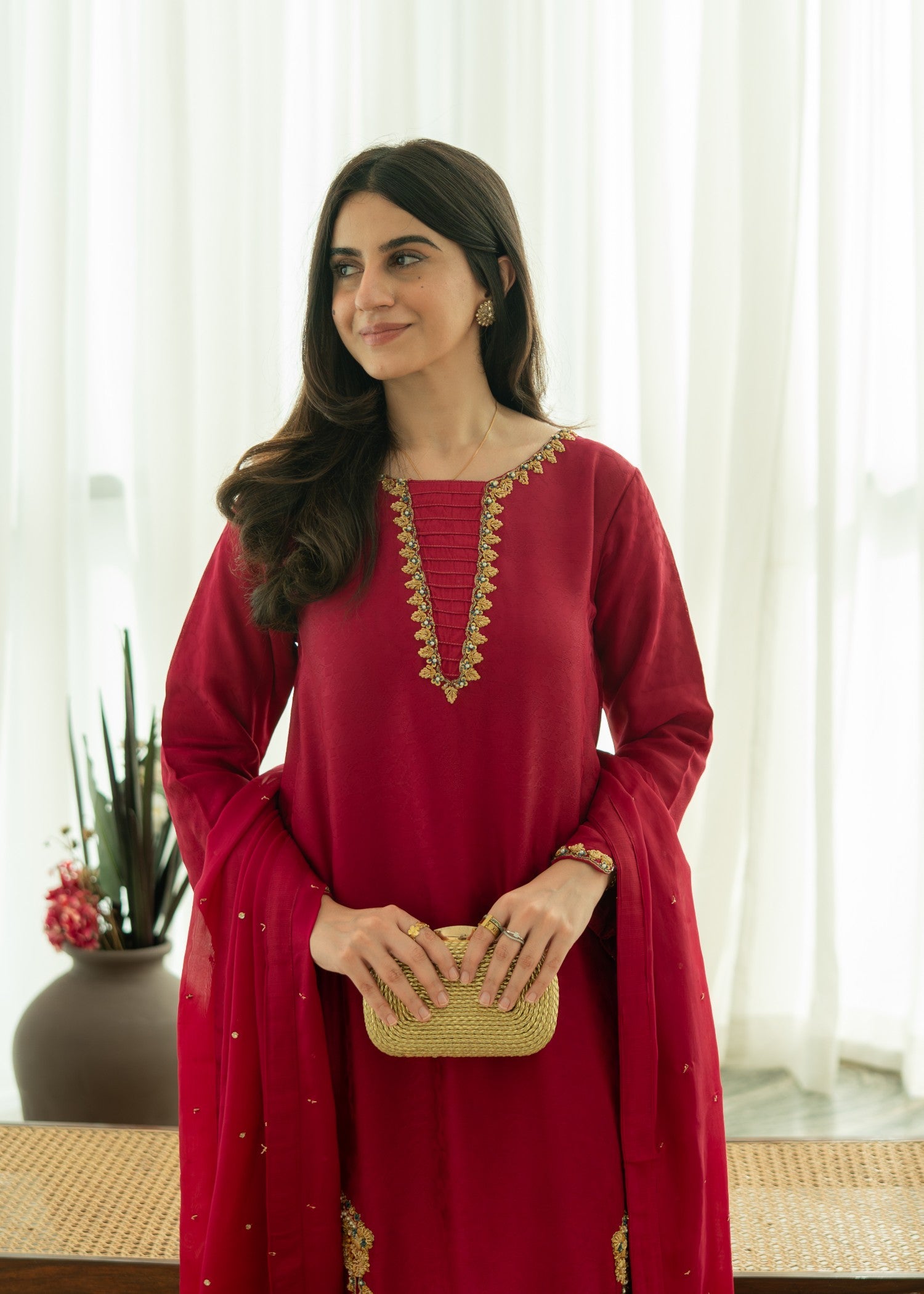 silk Kurta Set in Raspberry pink