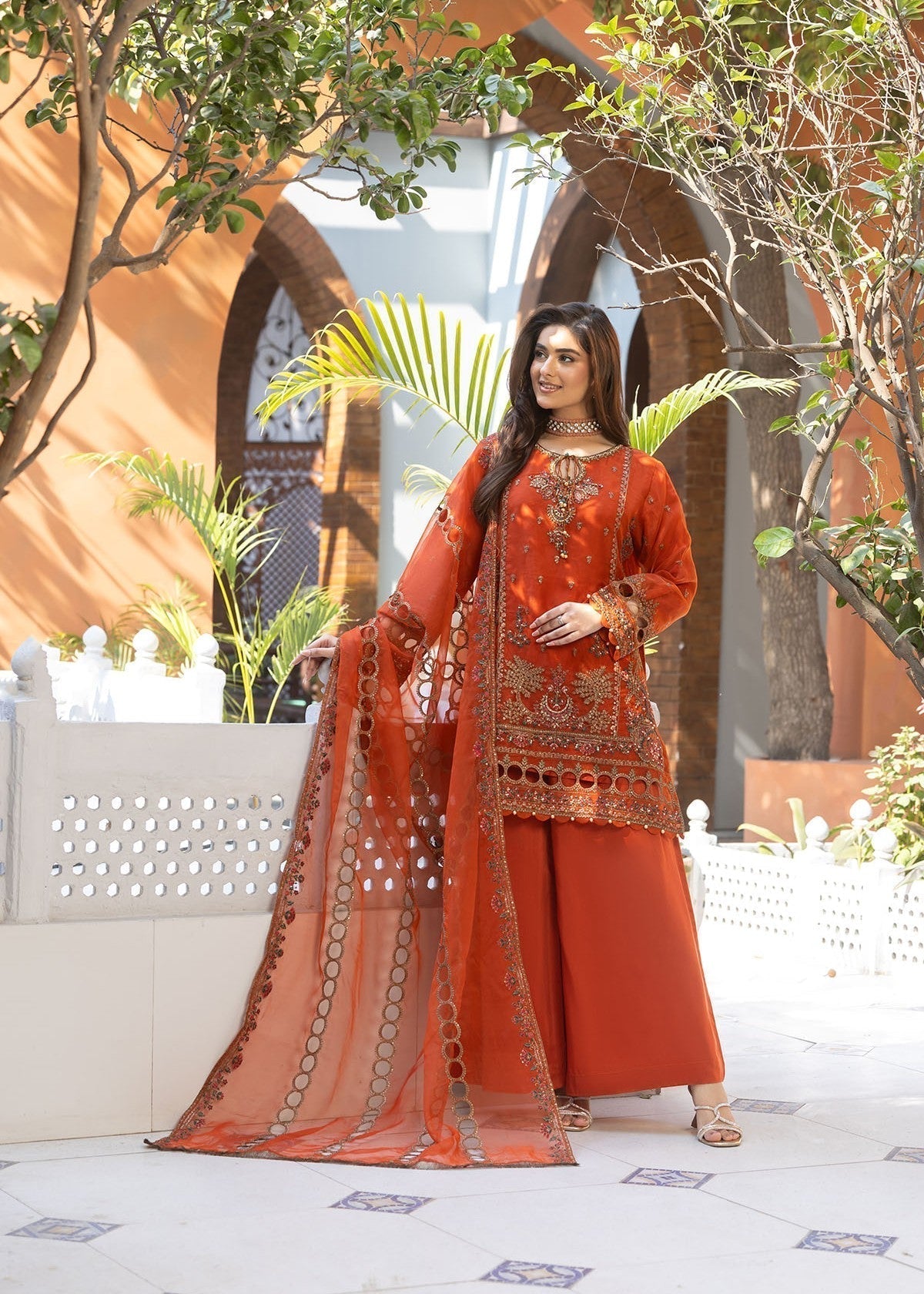 organza Kurta Set in Rust orange