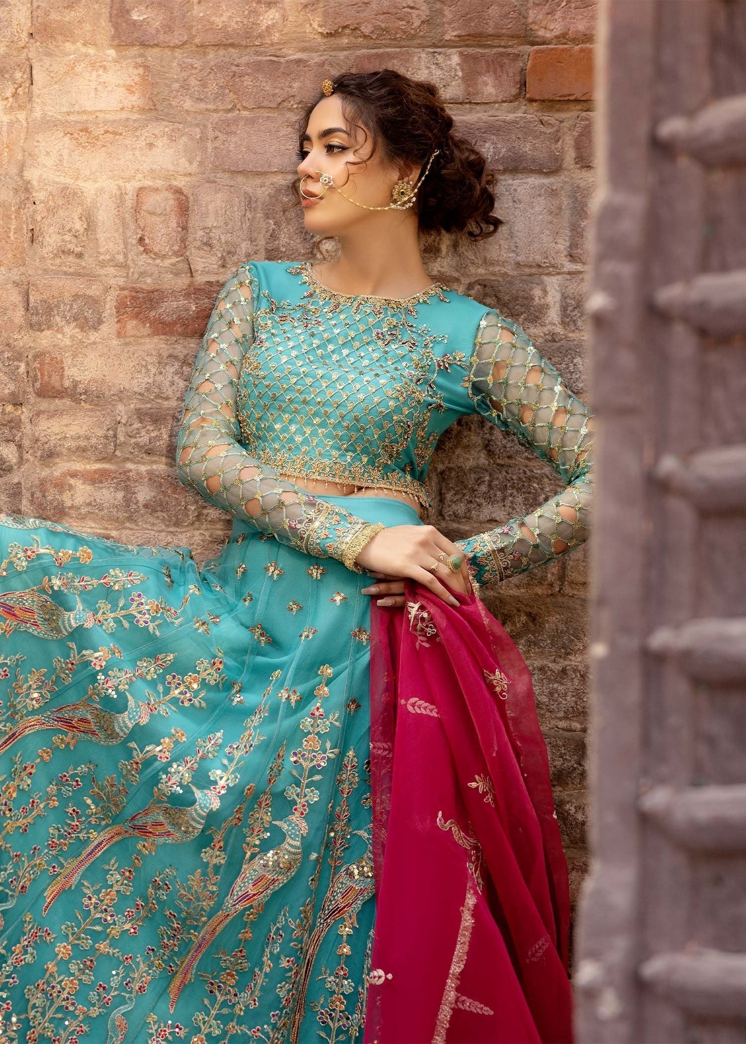 net Lehenga in Turquoise