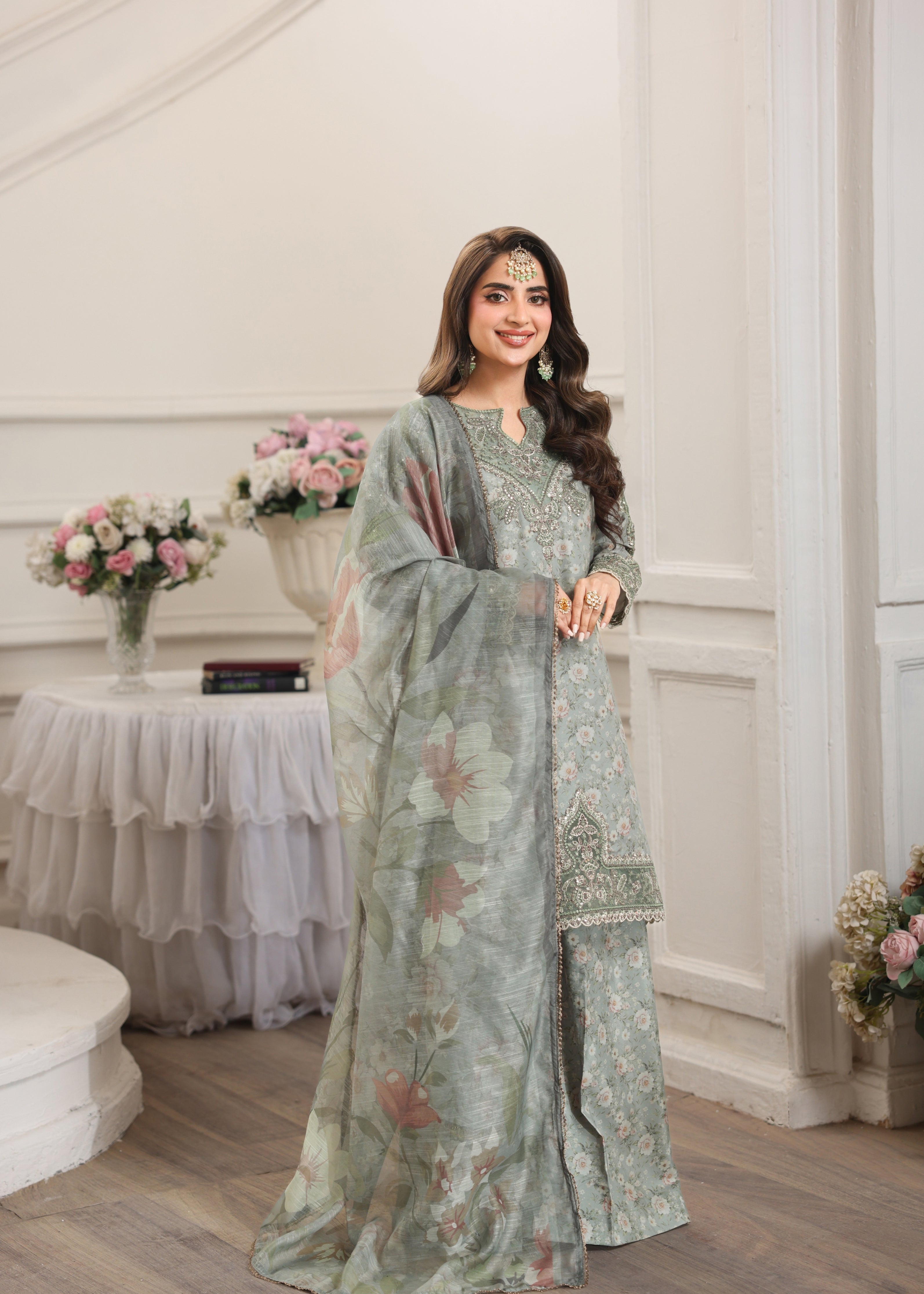 silk Kurta Set in Apple green, grey