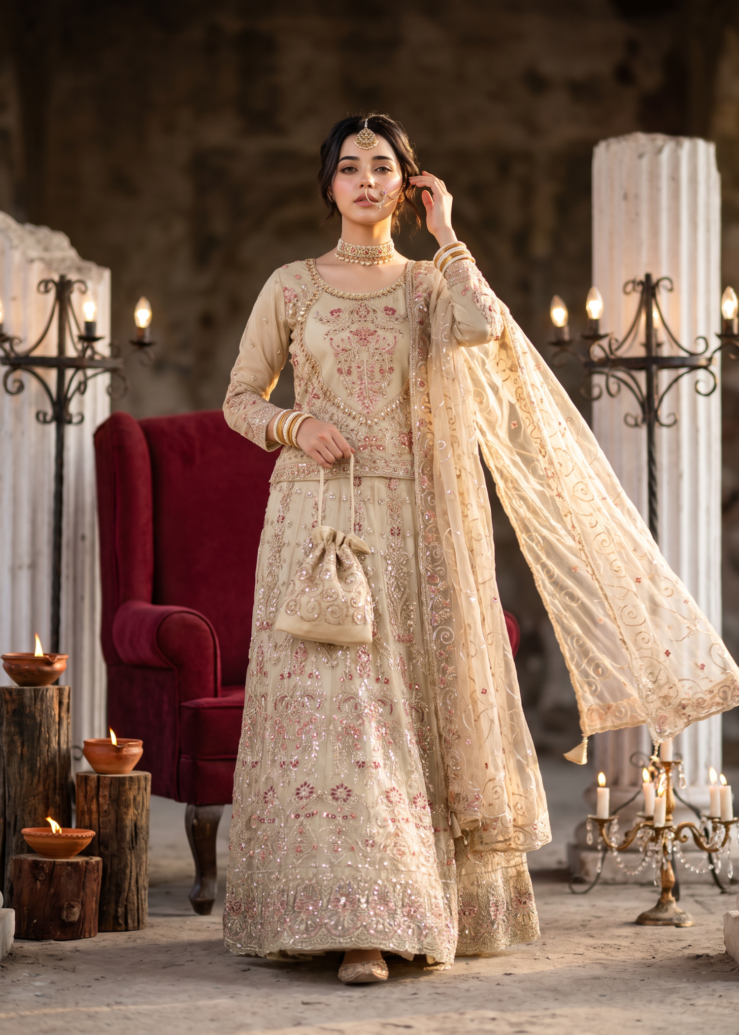 net Lehenga in Off-white