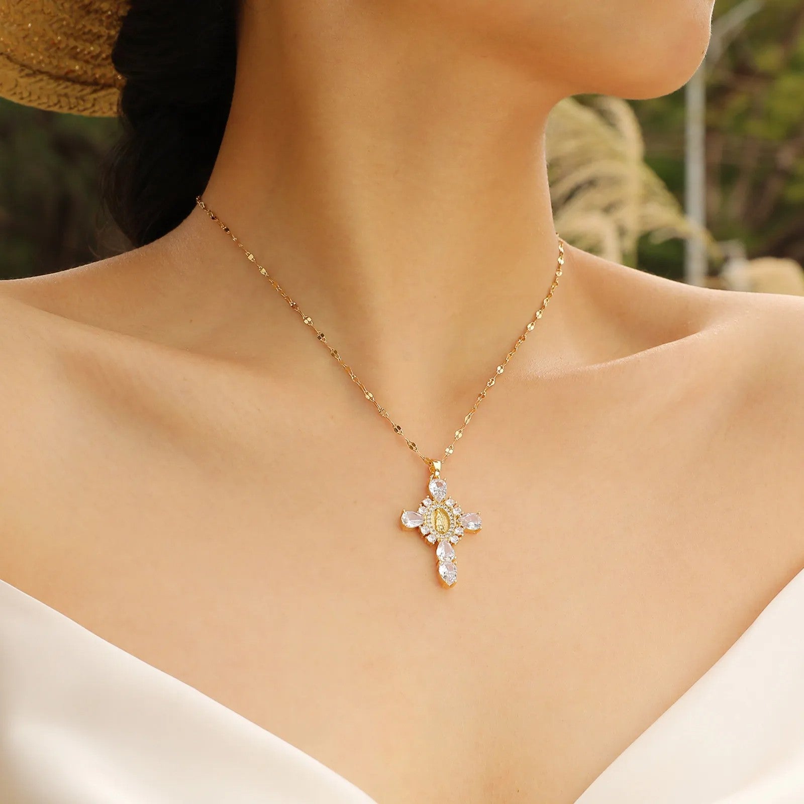 Luxury Rhinestone Virgin Mary Cross Pendant Necklace