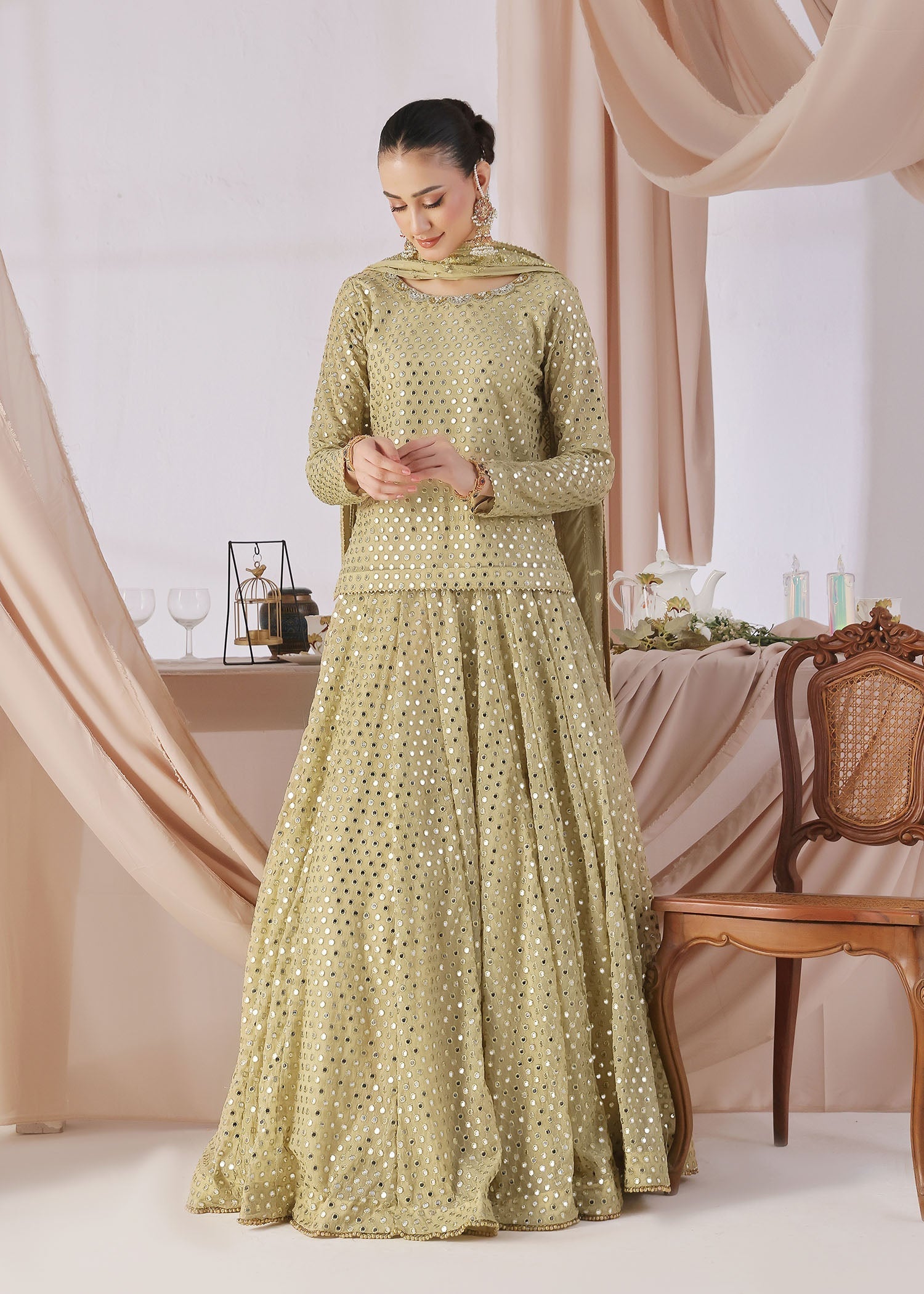 chiffon Lehenga in Pistachio green