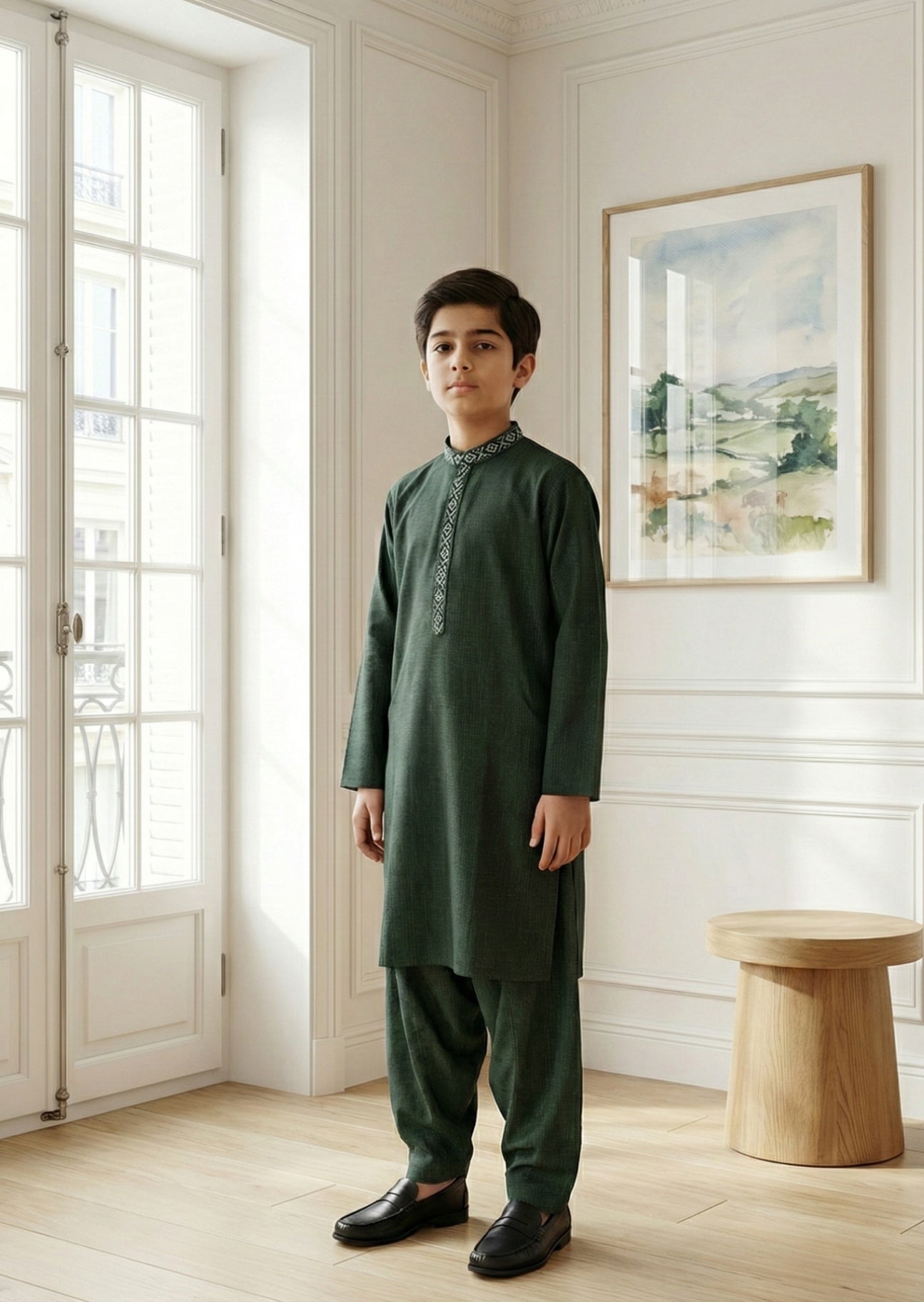 textured wash & wear Kurta Set in Green