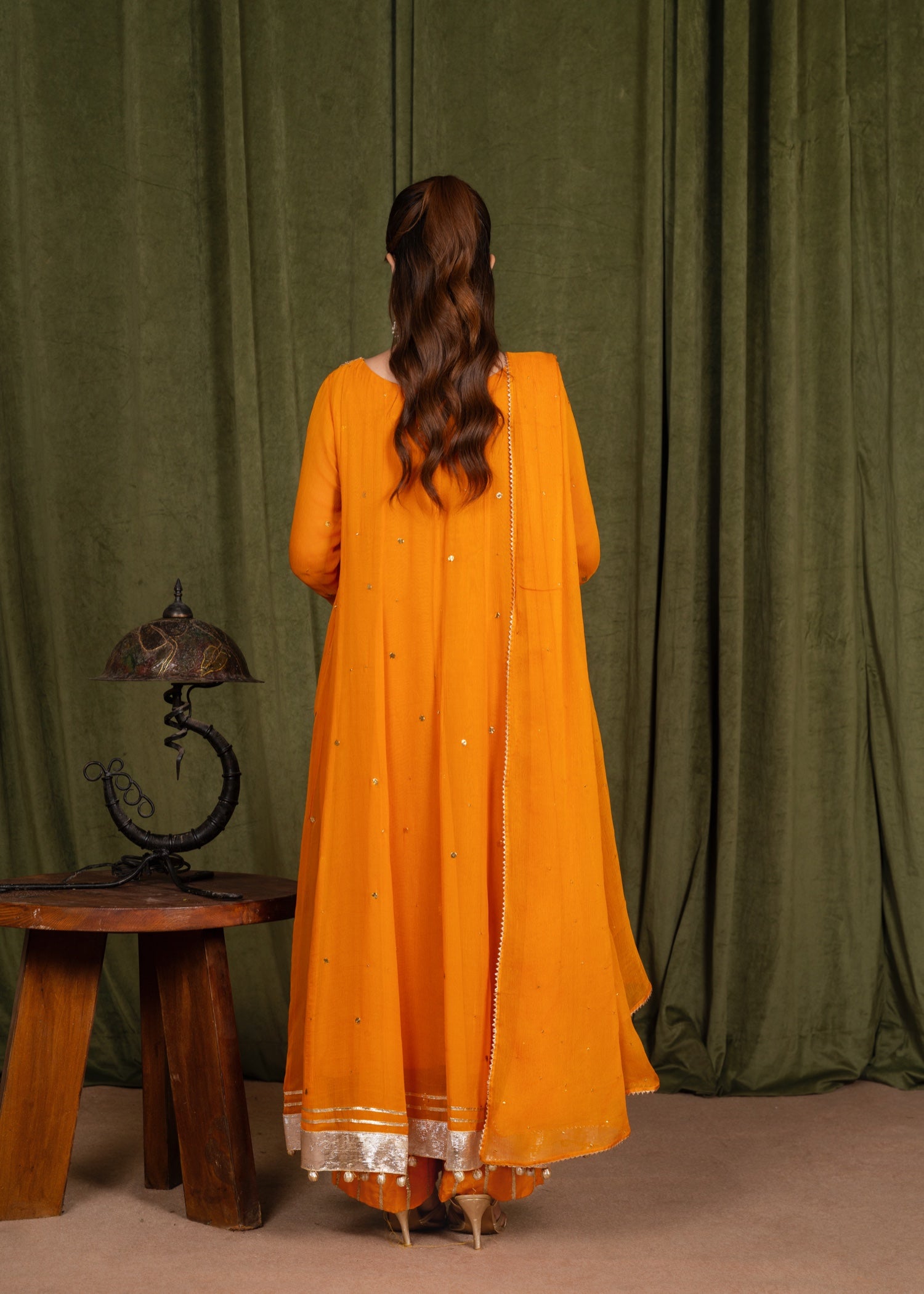crinkle chiffon Anarkali in Goldfish orange