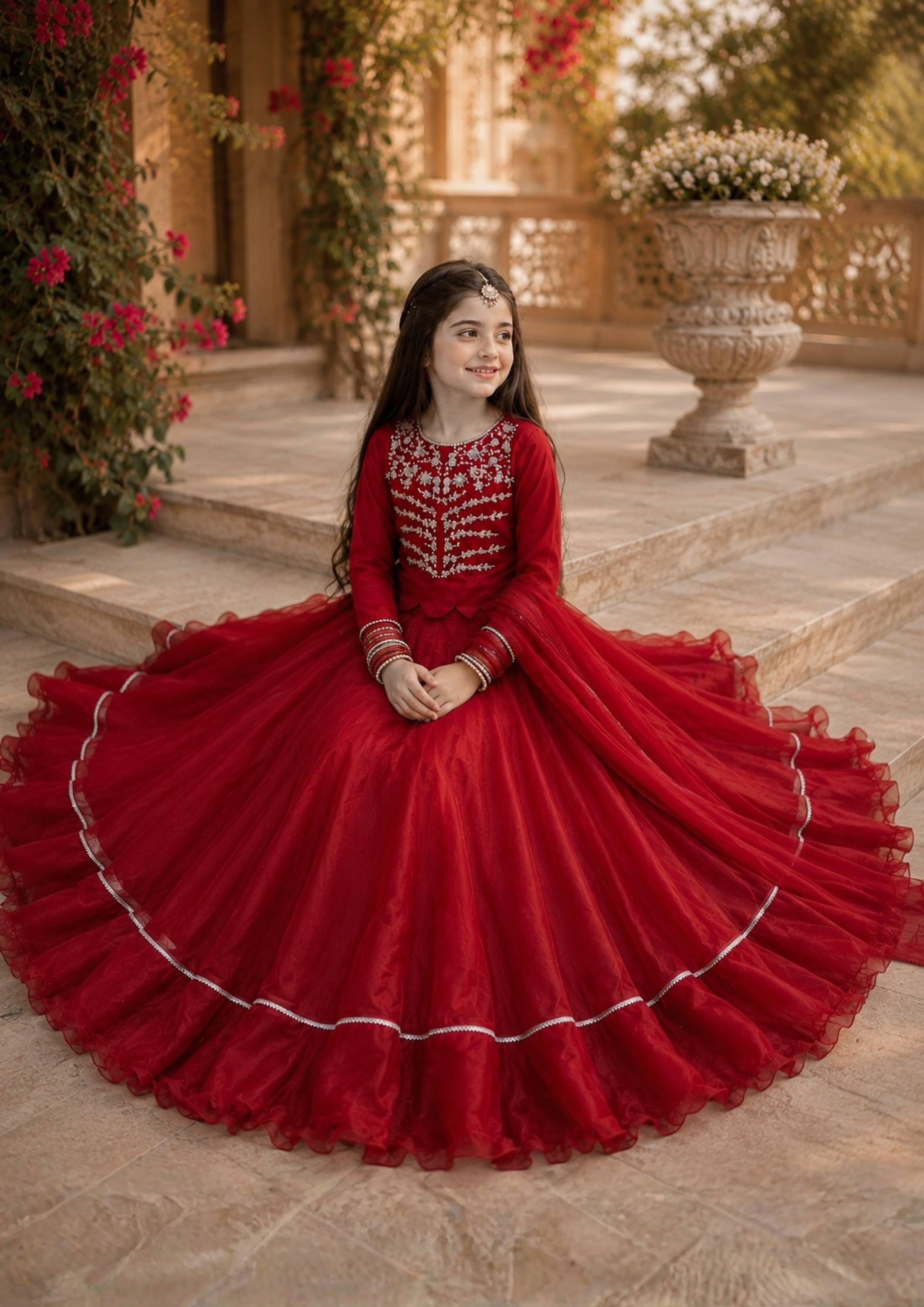 tissue silk Lehenga in Fire red