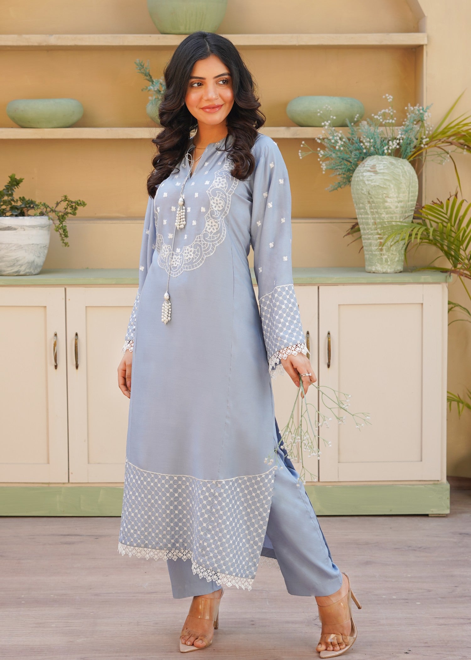 arabic lawn Kurta Set in Powder blue