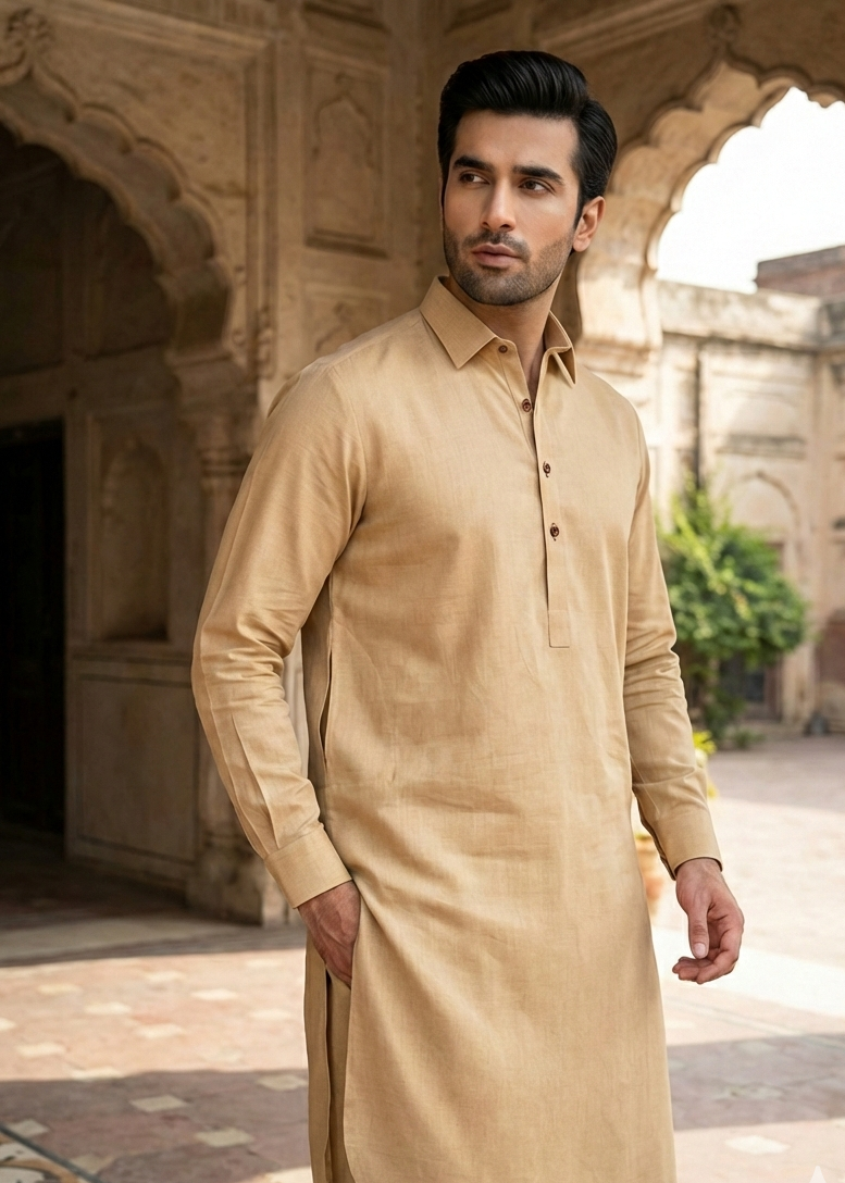 wash & wear Shalwar Kameez in Gold, khaki brown by Dulha Fashion House
