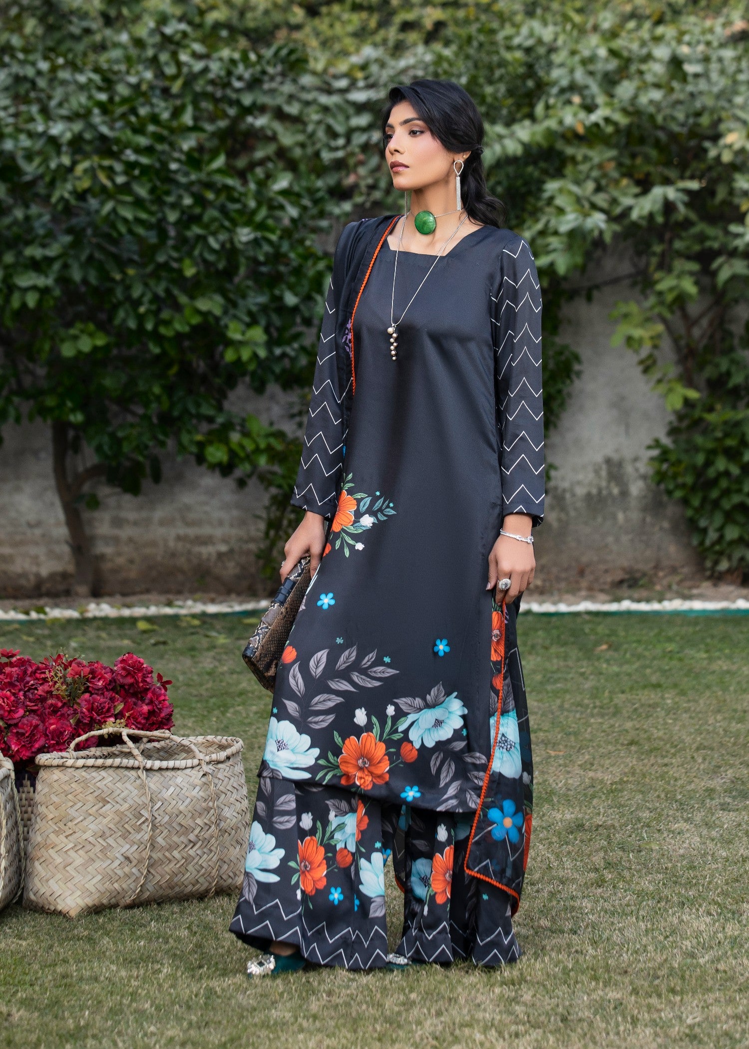 silk Kurta Set in Black, ink