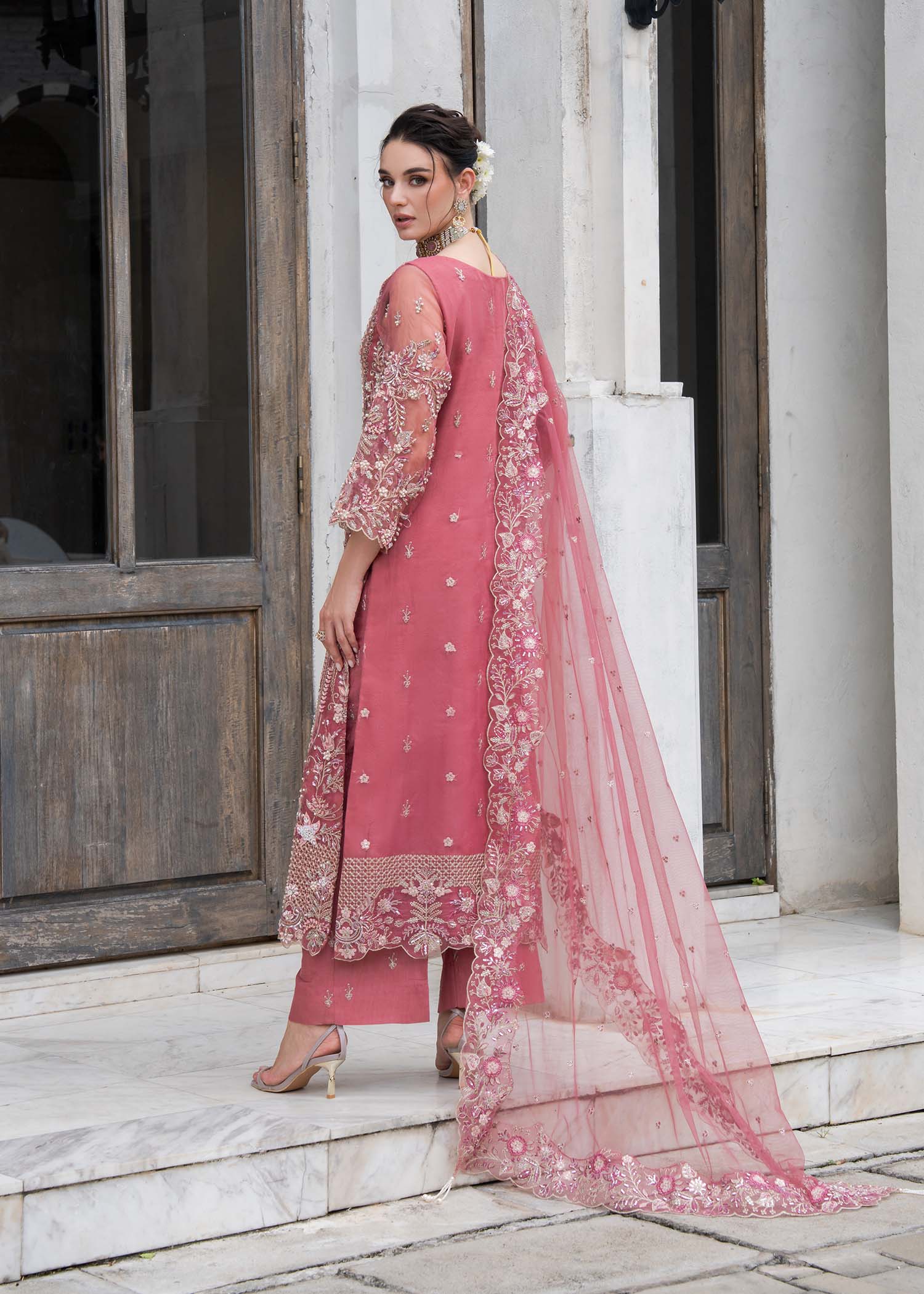 organza Kurta Set in Tea rose pink