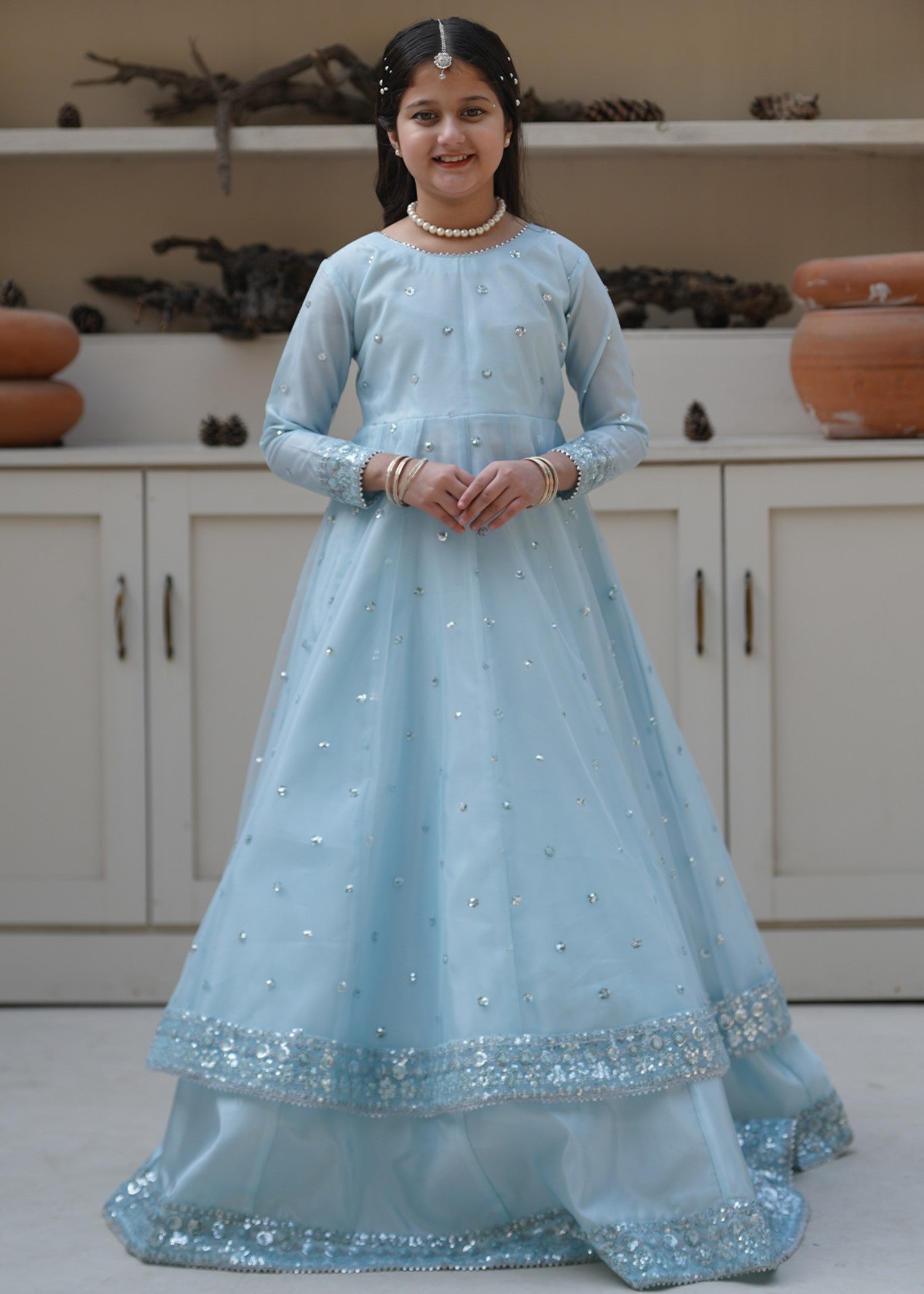 net Lehenga in Sky blue