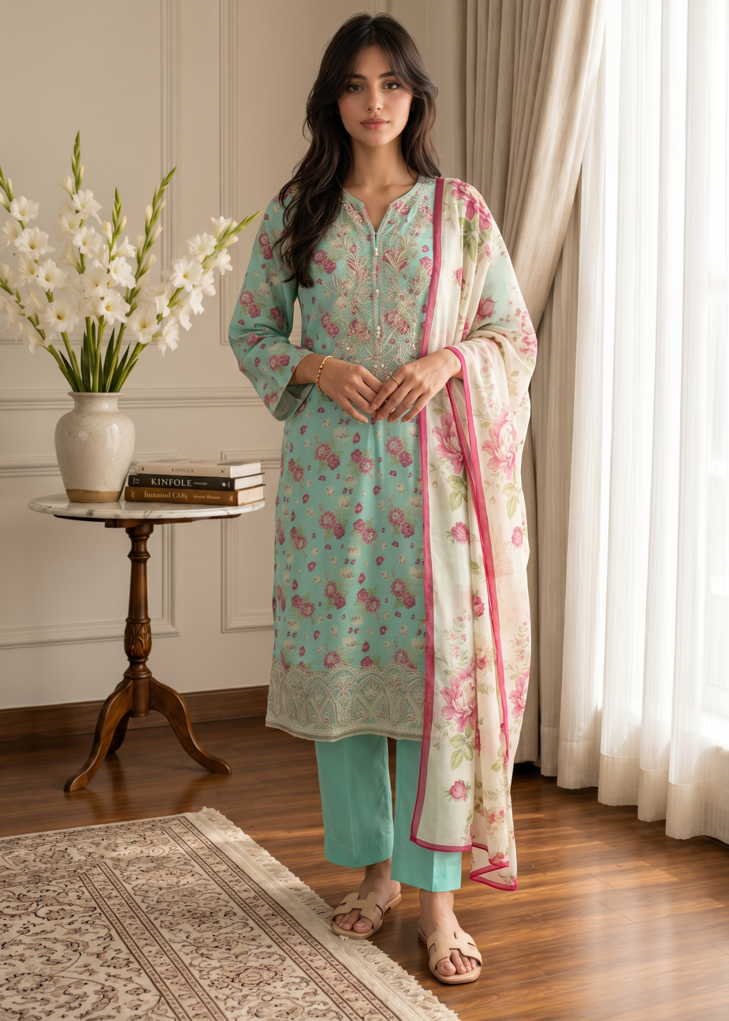 lawn Kurta Set in Aquamarine