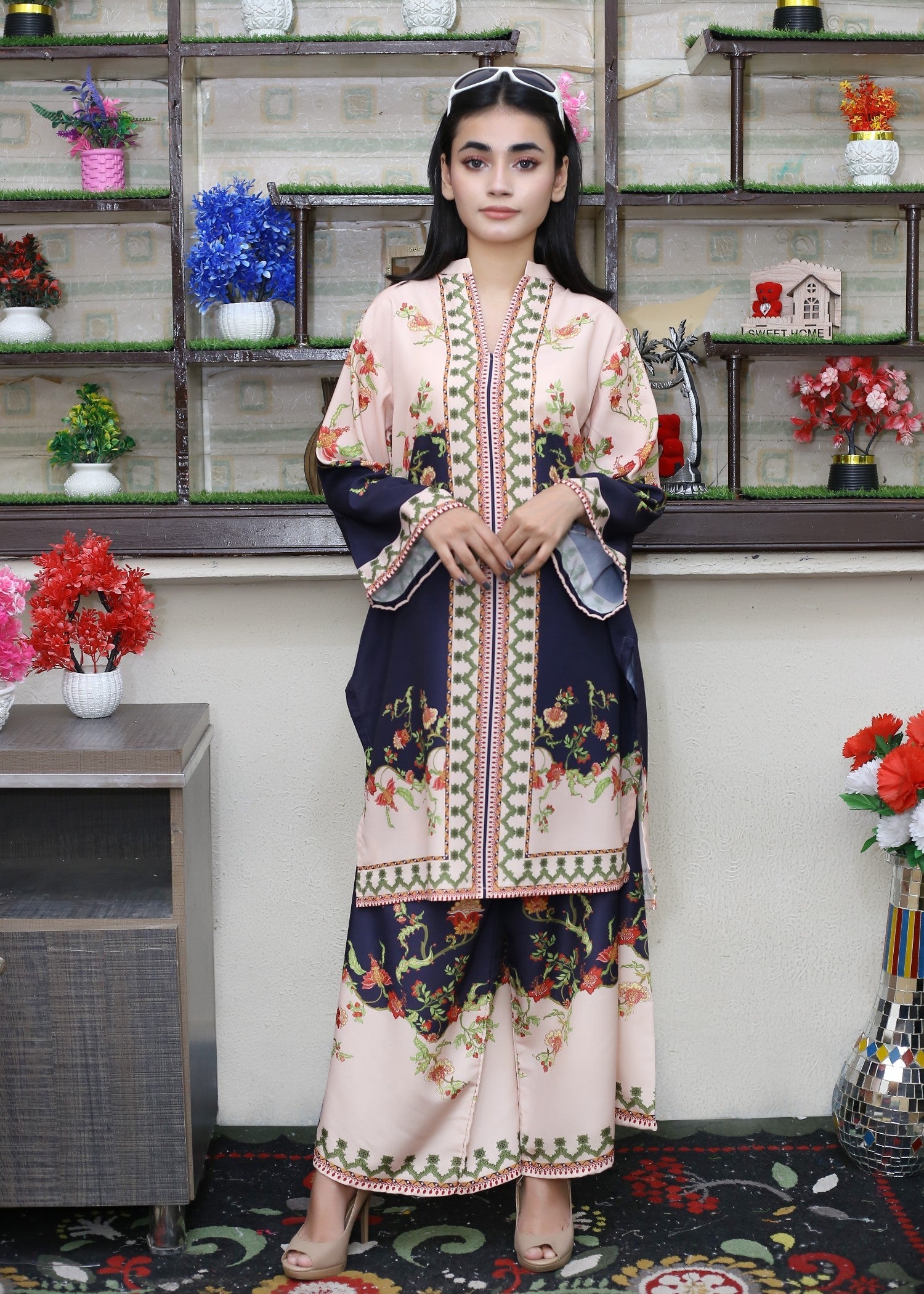 poly lawn Co Ord Sets in Dark blue, light pink