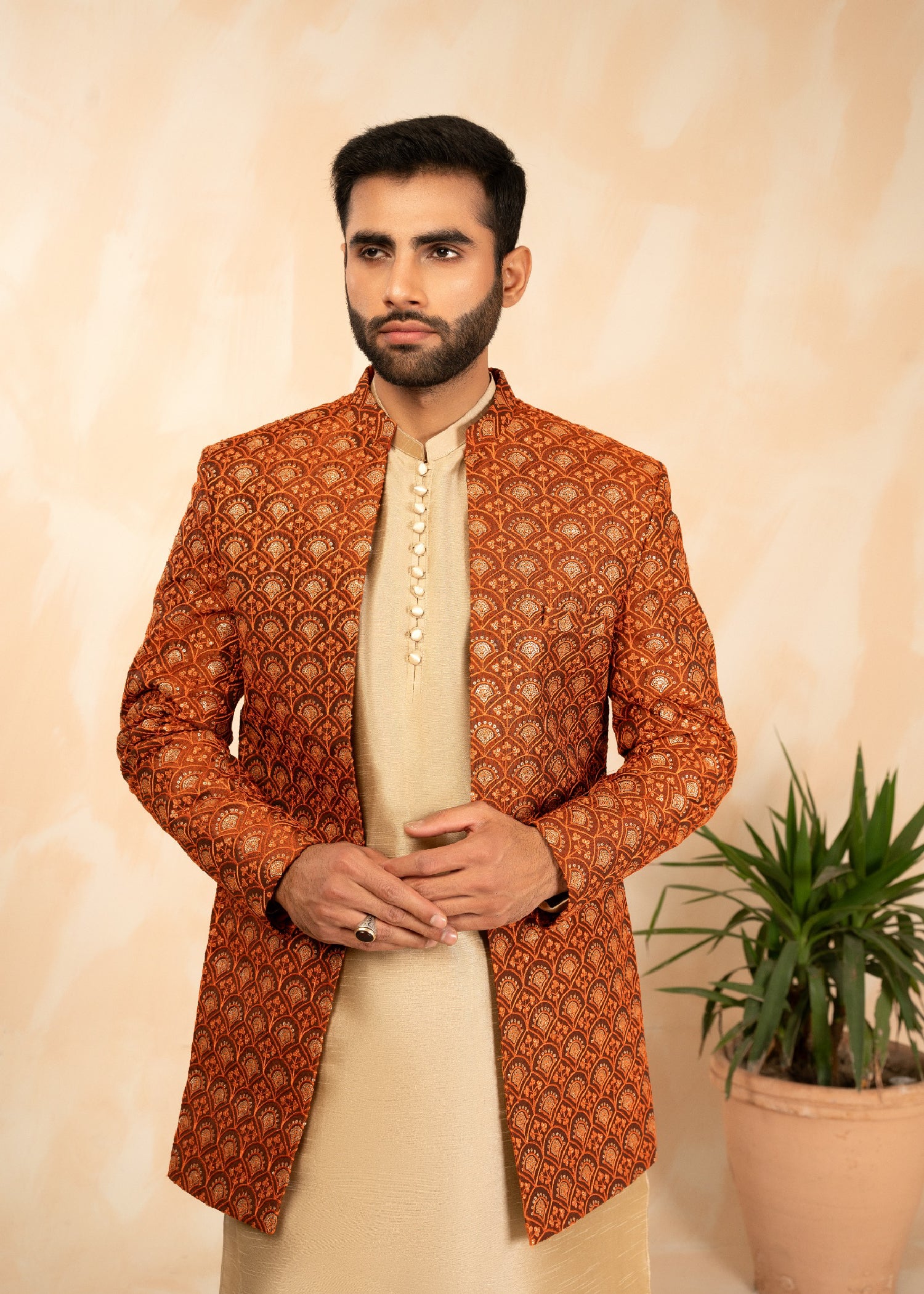 textured wash & wear Prince Coat in Rust orange
