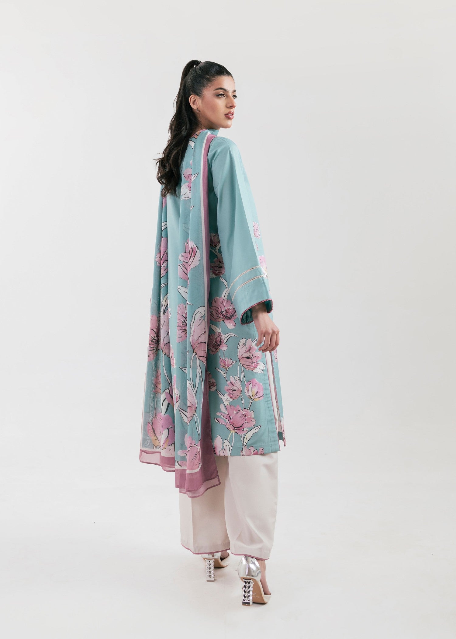 poly lawn Kurta Set in Light blue