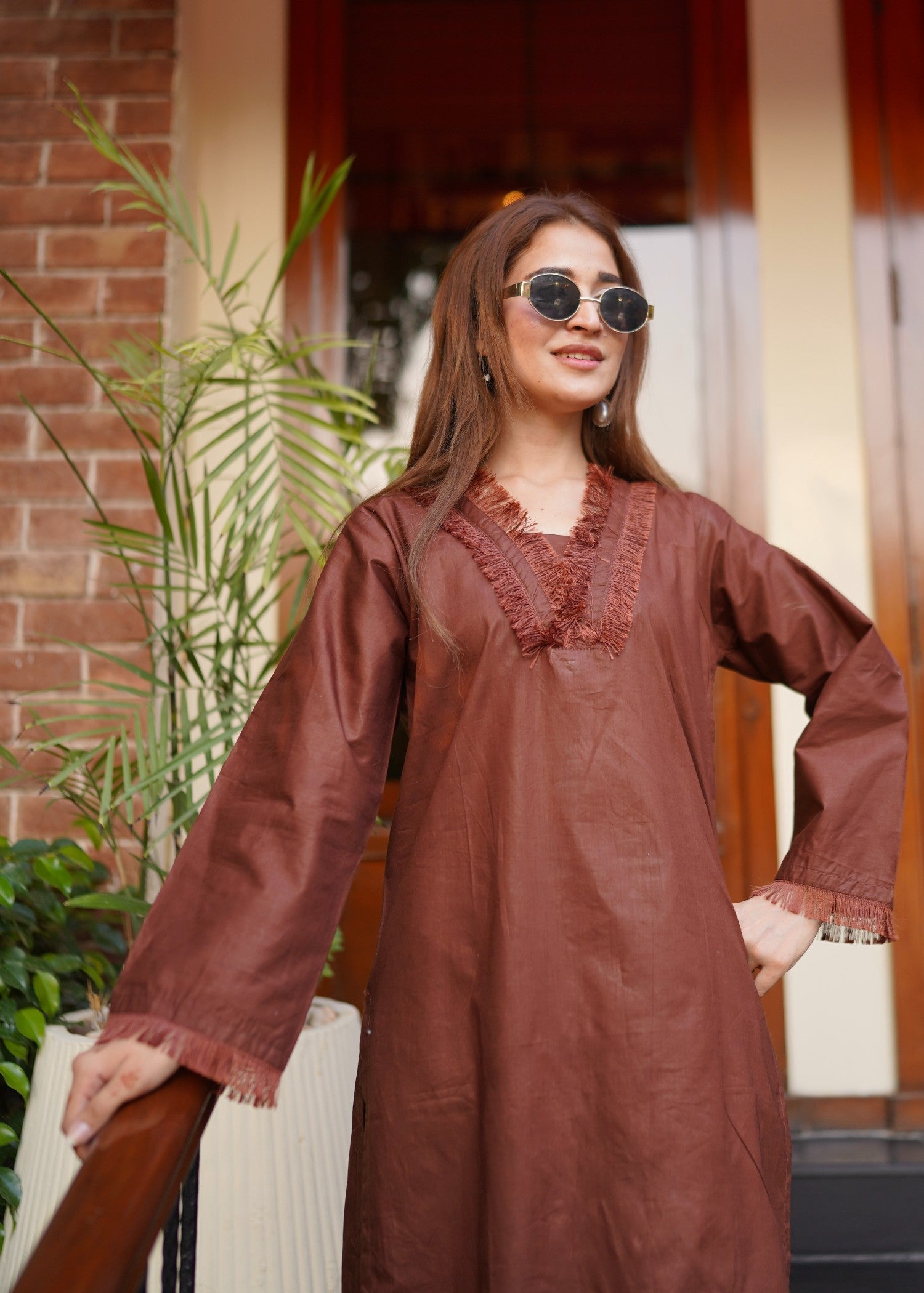 lawn cotton Kurta Set in Chocolate brown