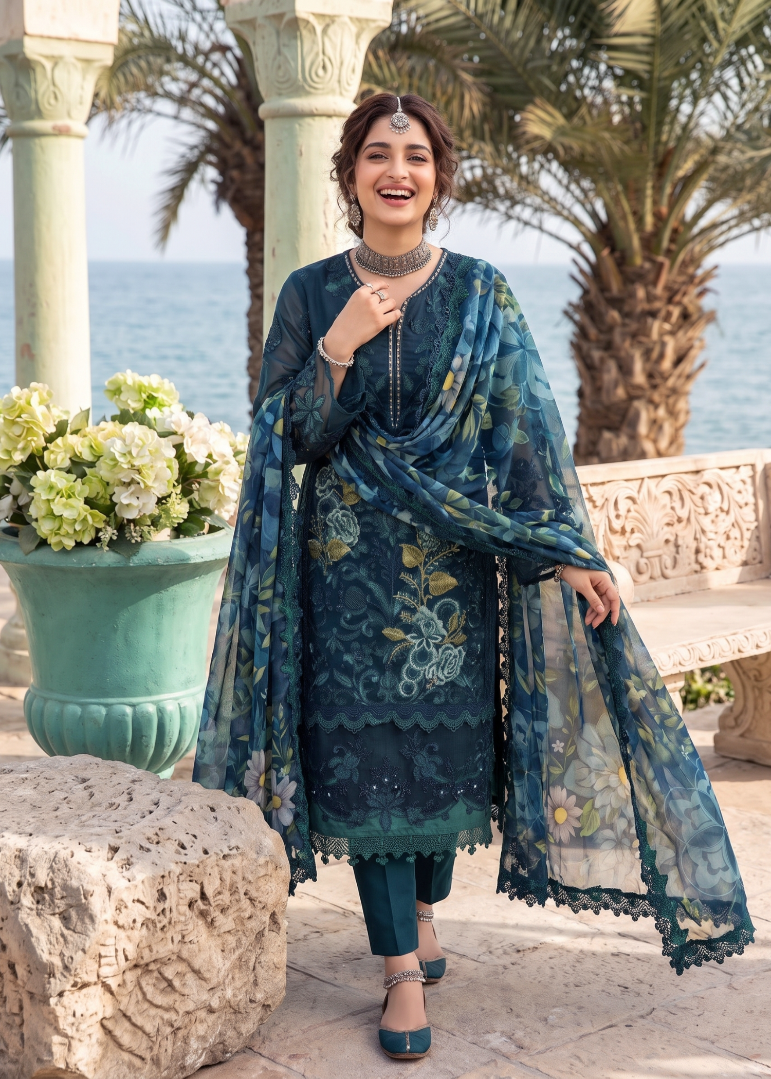 cotton Kurta Set in Ocean blue