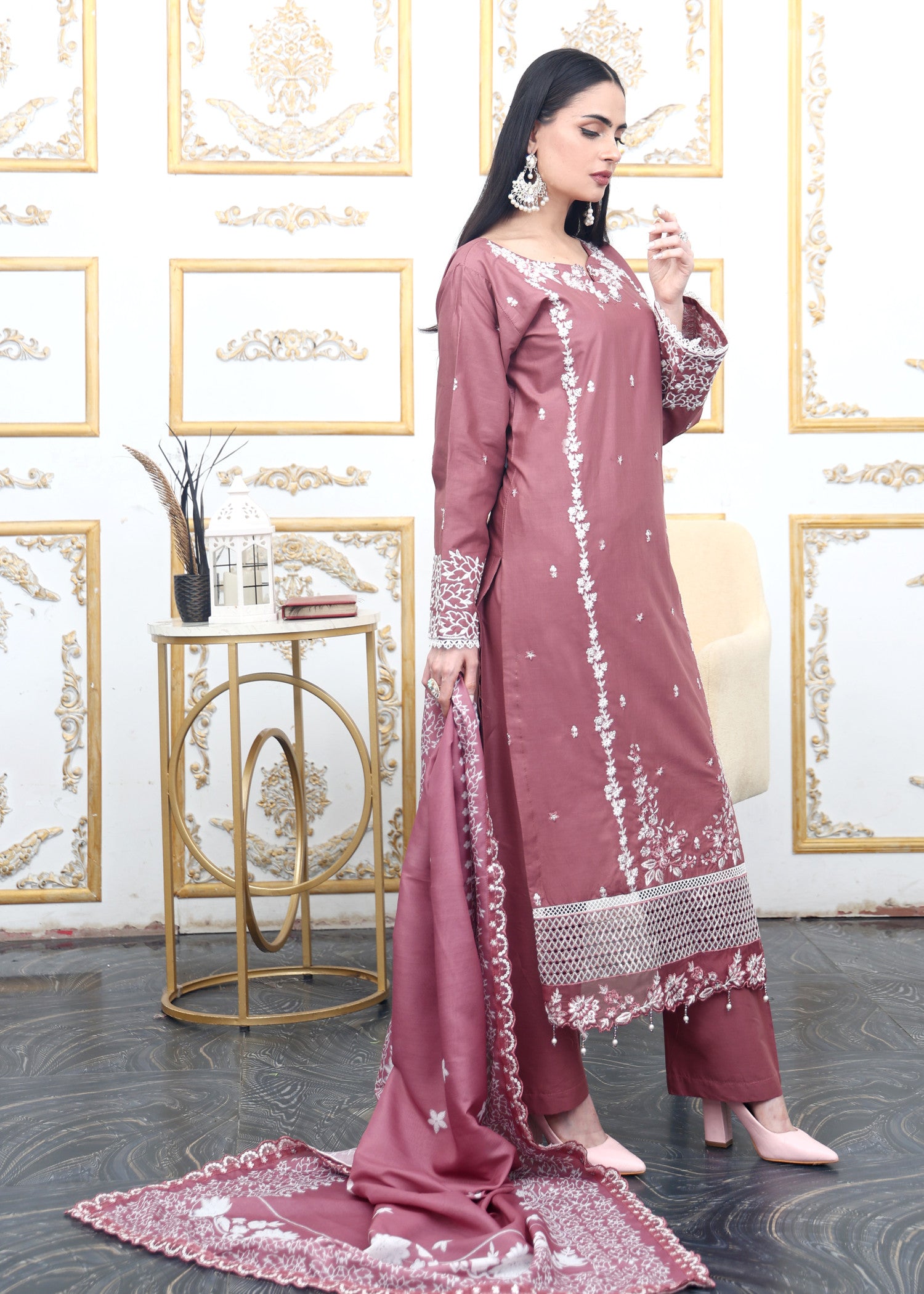lawn cotton Kurta Set in Rose pink