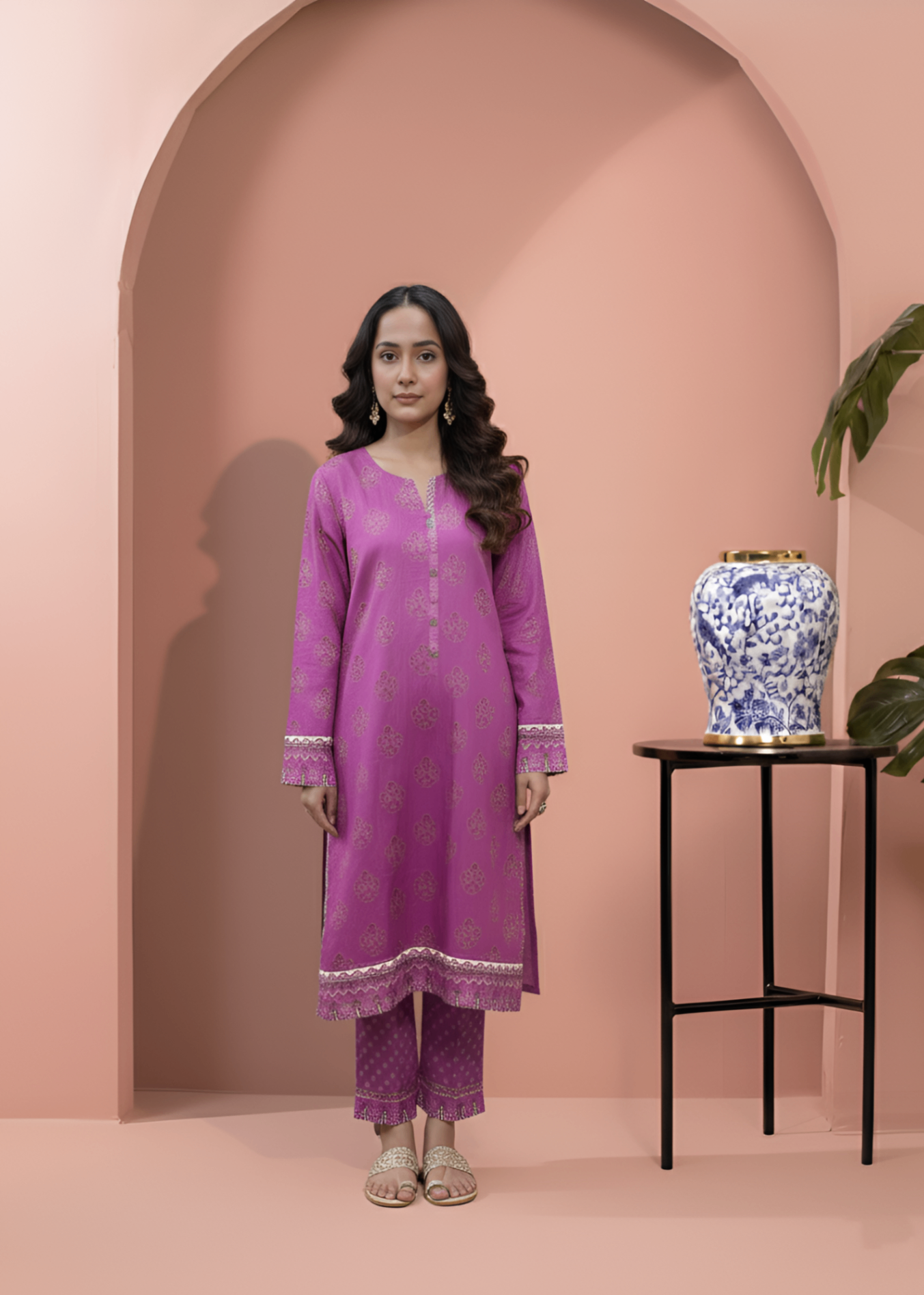 khaddar Kurta Set in Magenta