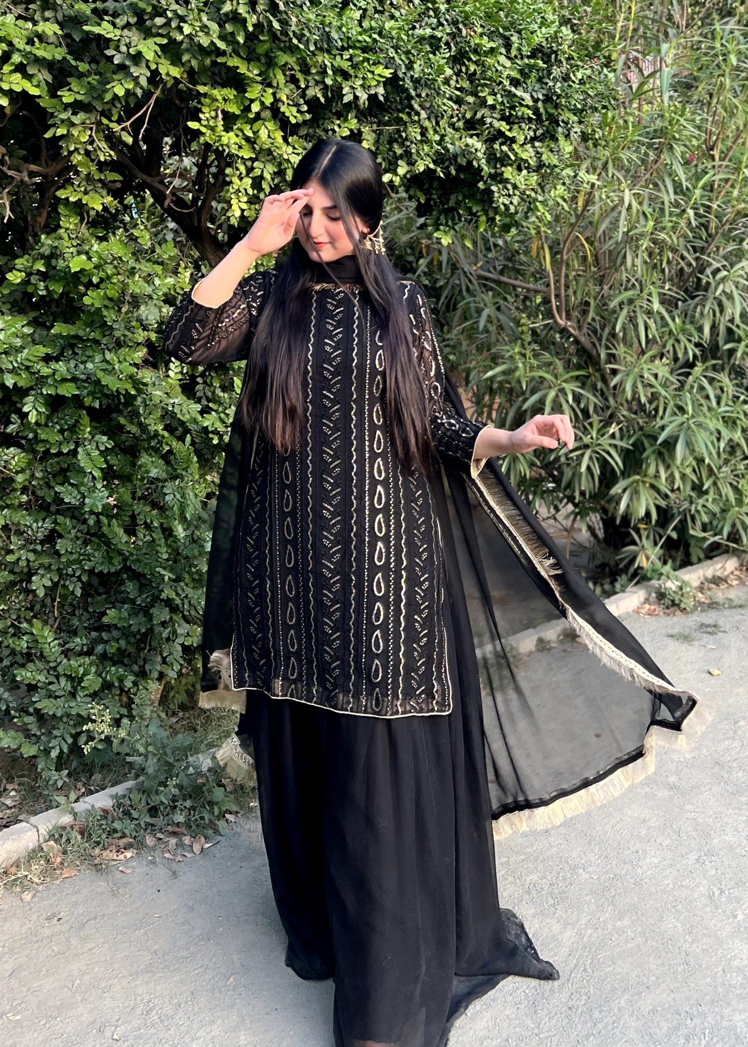bemberg crinkle chiffon Sharara in Jet black