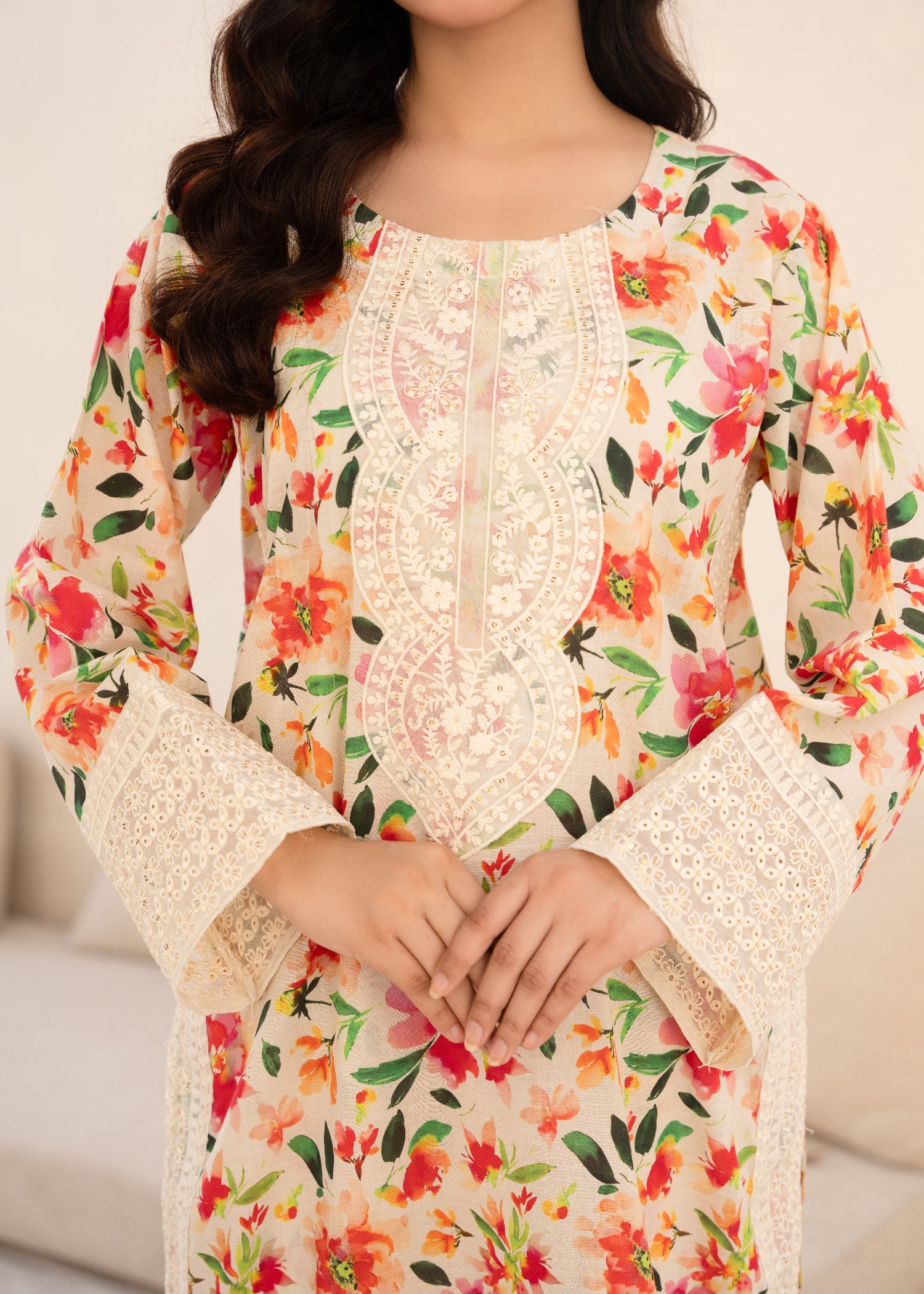slub lawn Kurta Set in Multi
