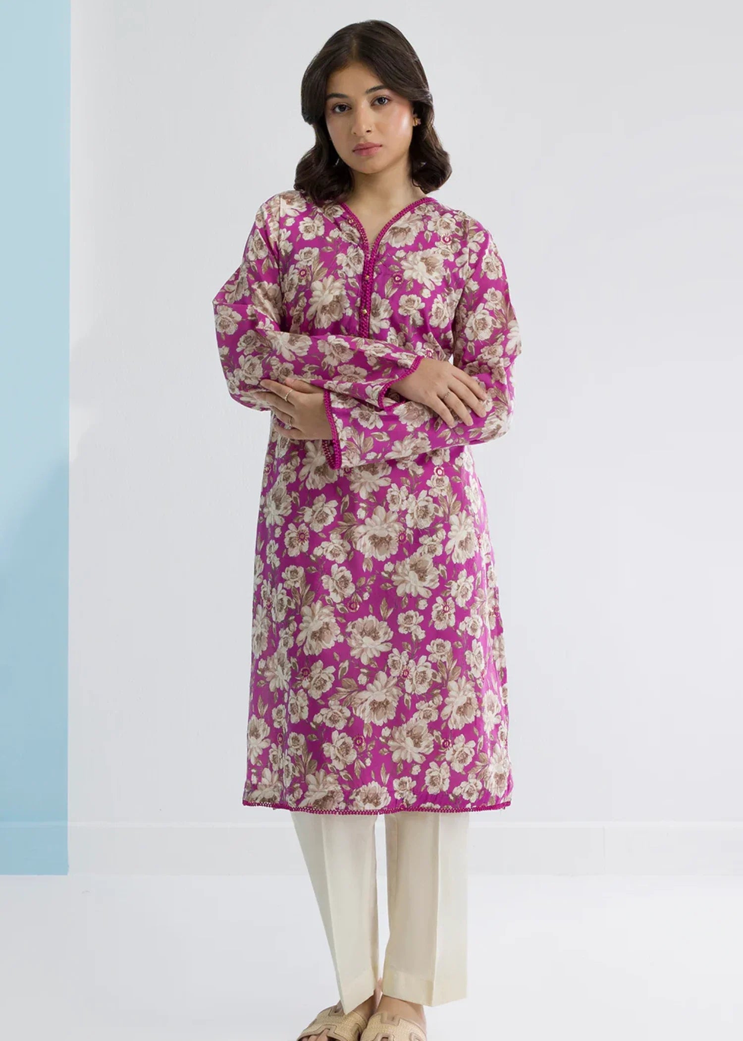 lawn Kurti in Magenta
