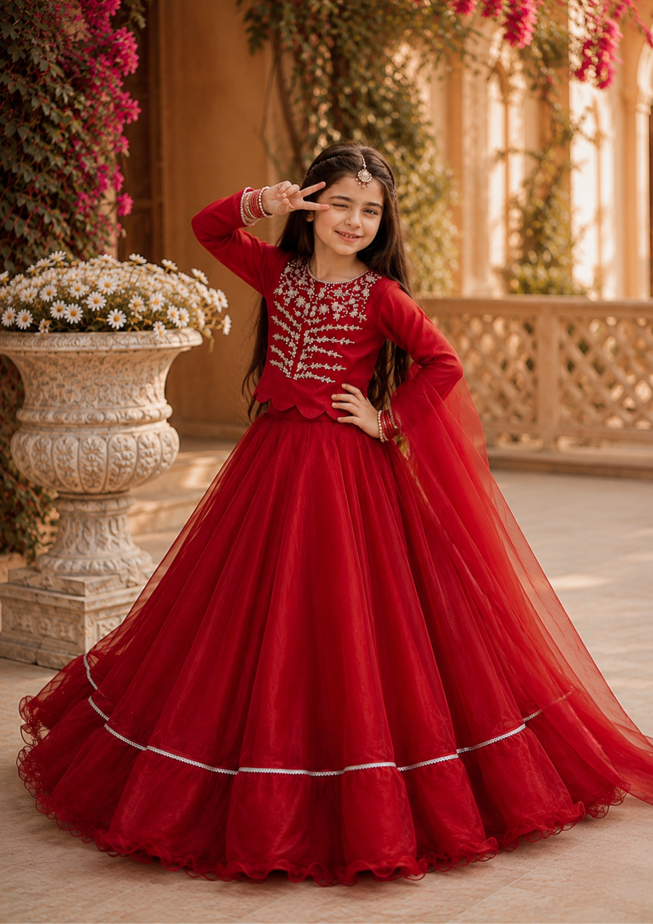 tissue silk Lehenga in Fire red