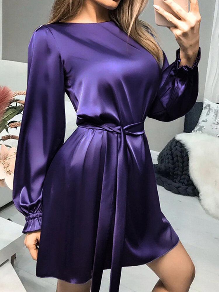 Women  Satin Solid Puff Sleeve Knee Length Midi Dresses