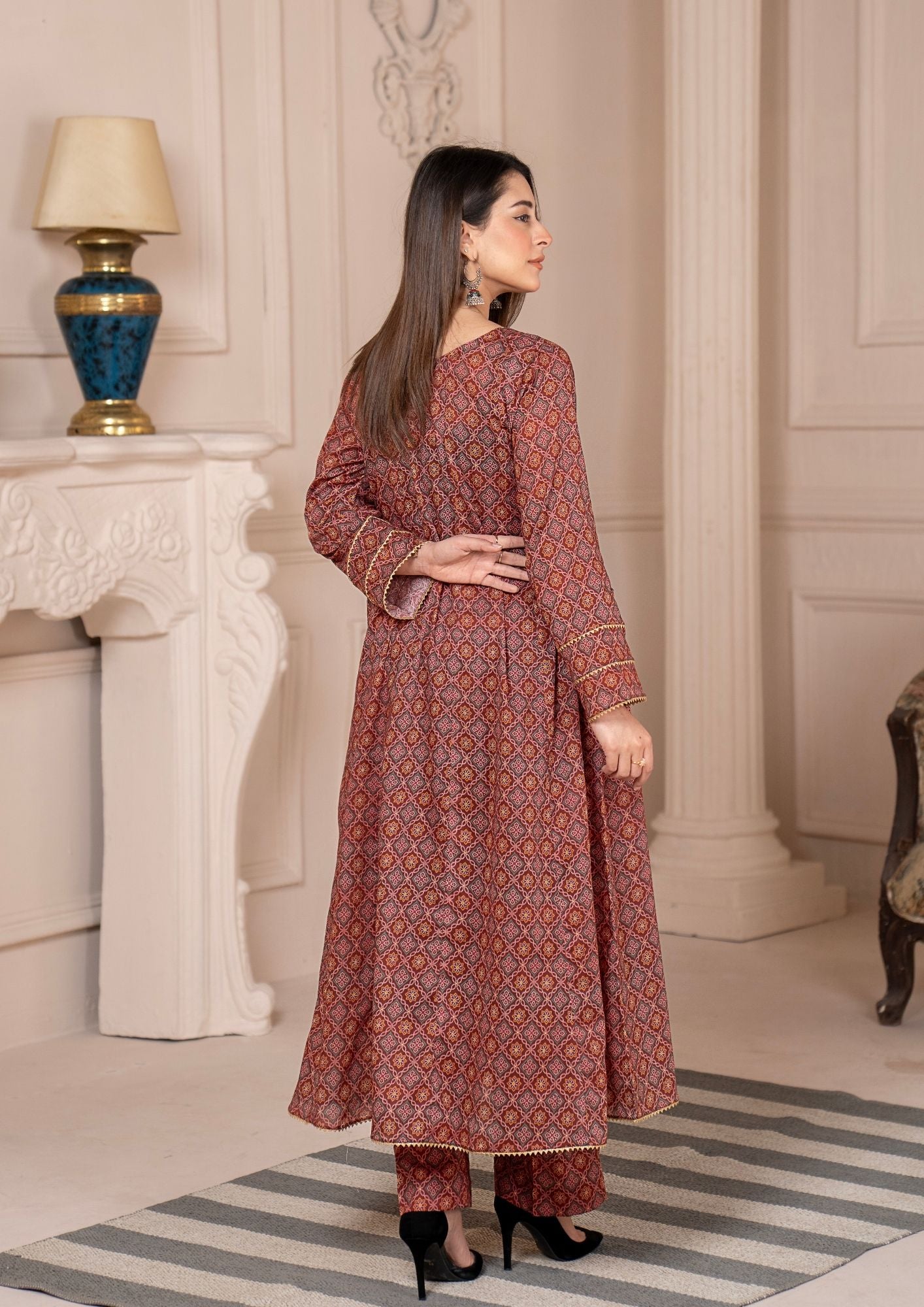 lawn Angrakha in Maroon