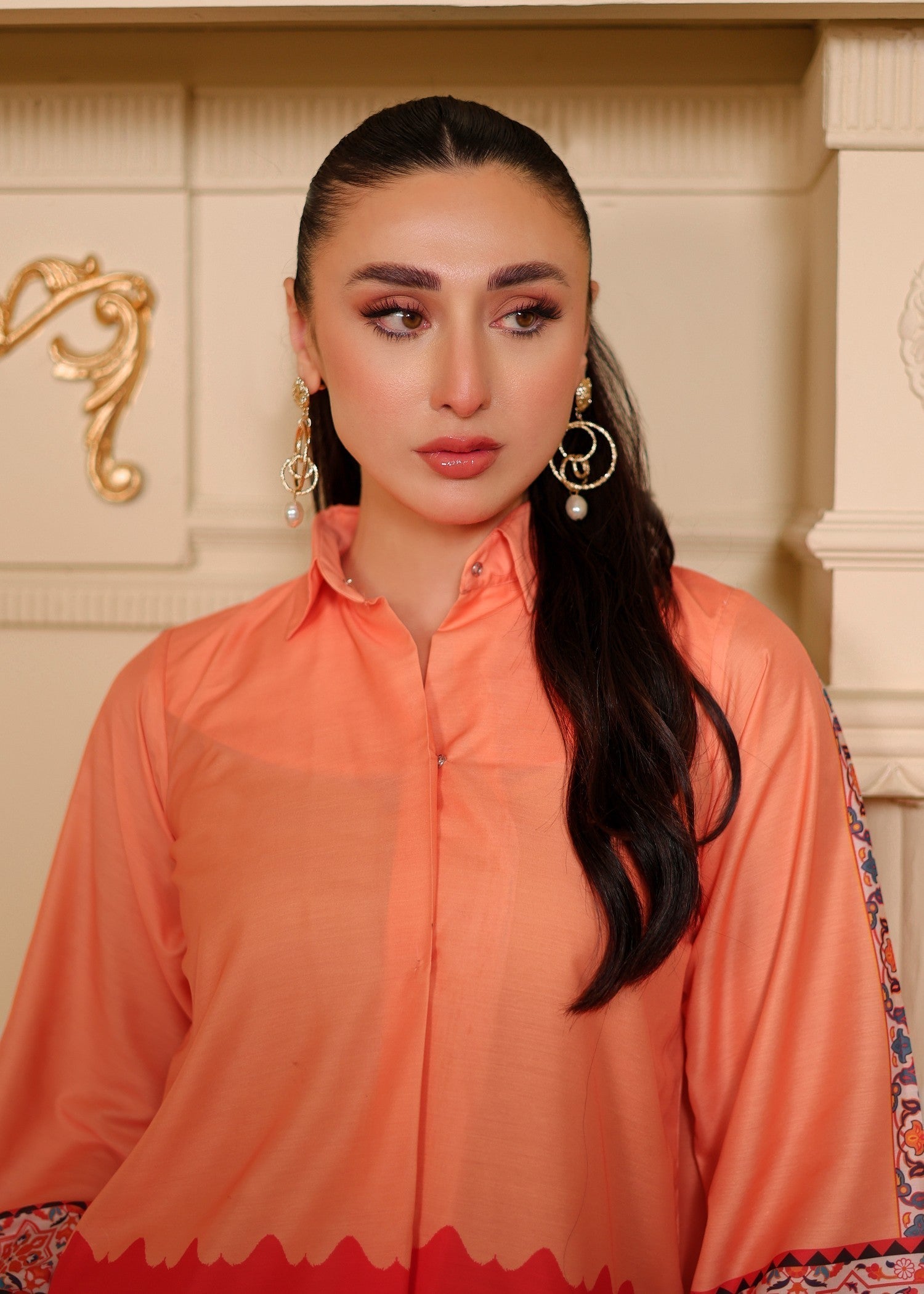 cambric Kurta Set in Peach orange