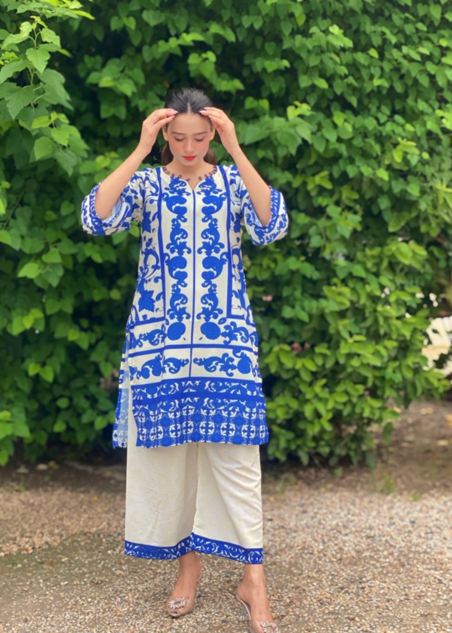 poly lawn Kurta Set in Off-white, blue