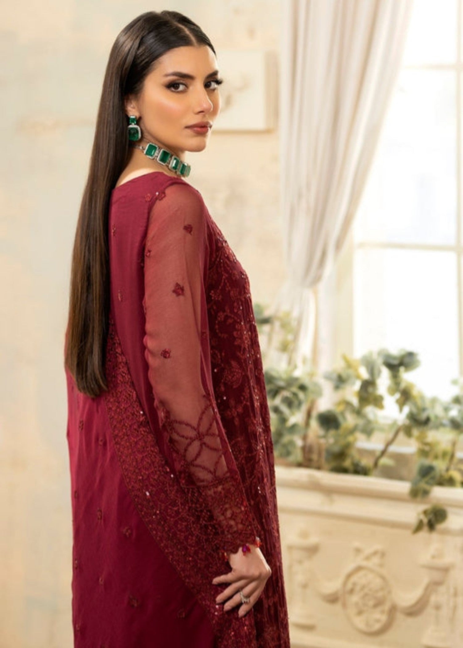 bemberg crinkle chiffon Kurta Set in Red