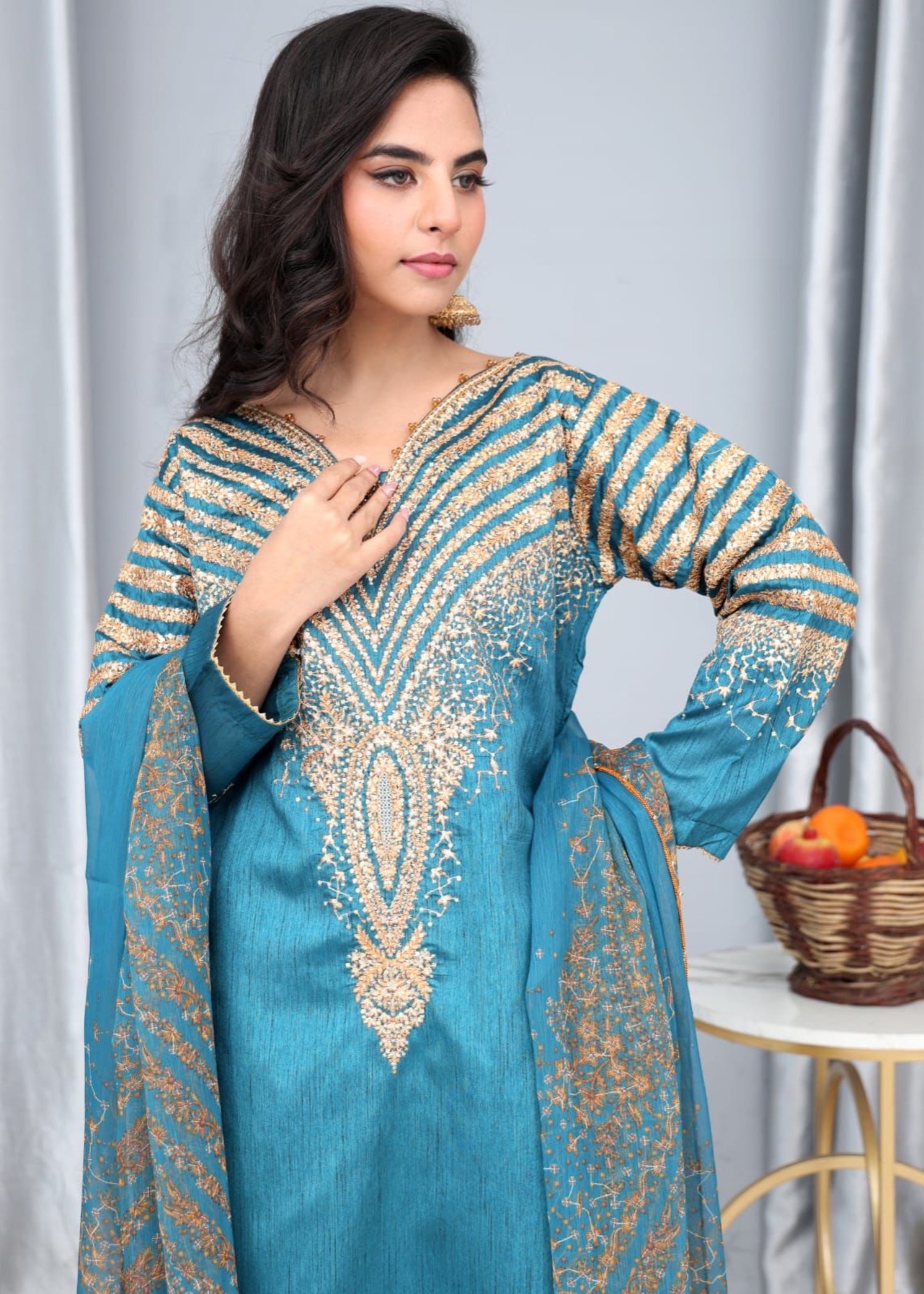 raw silk Kurta Set in Turquoise