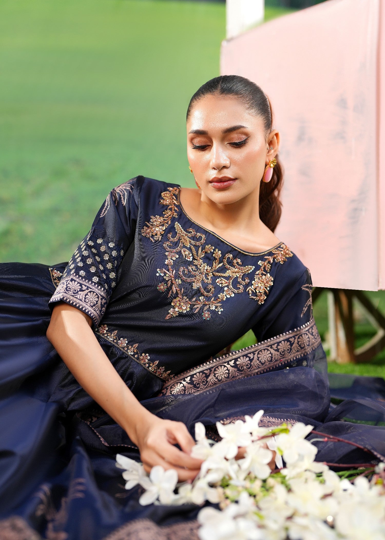 kattan silk Pishwas in Navy blue