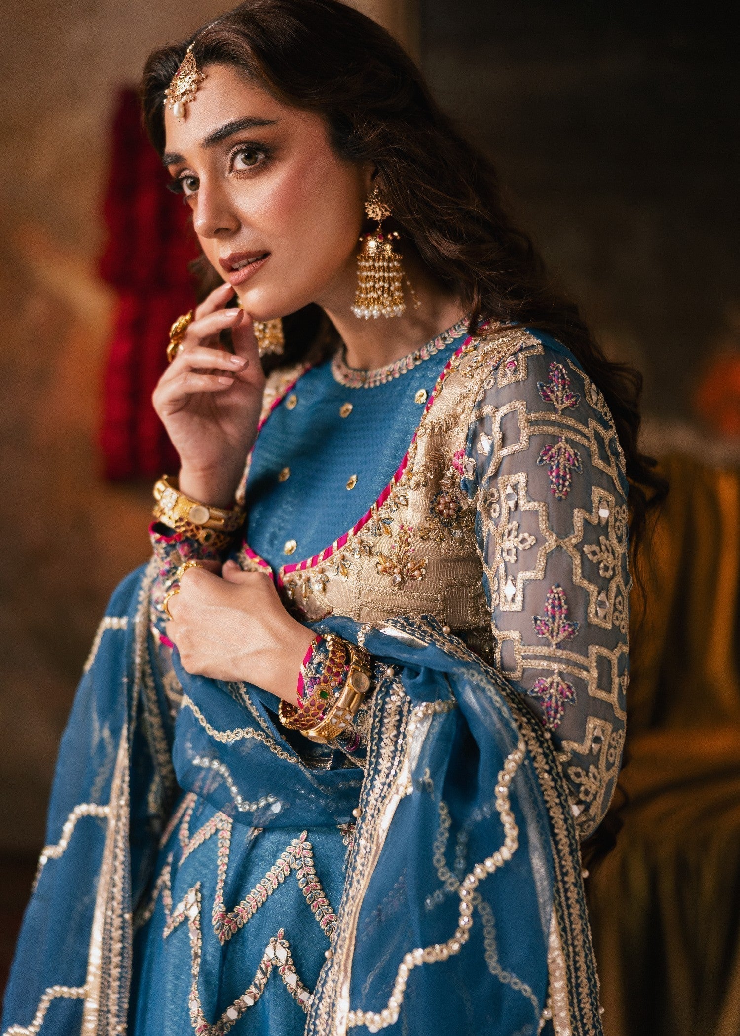 organza Pishwas in Blue