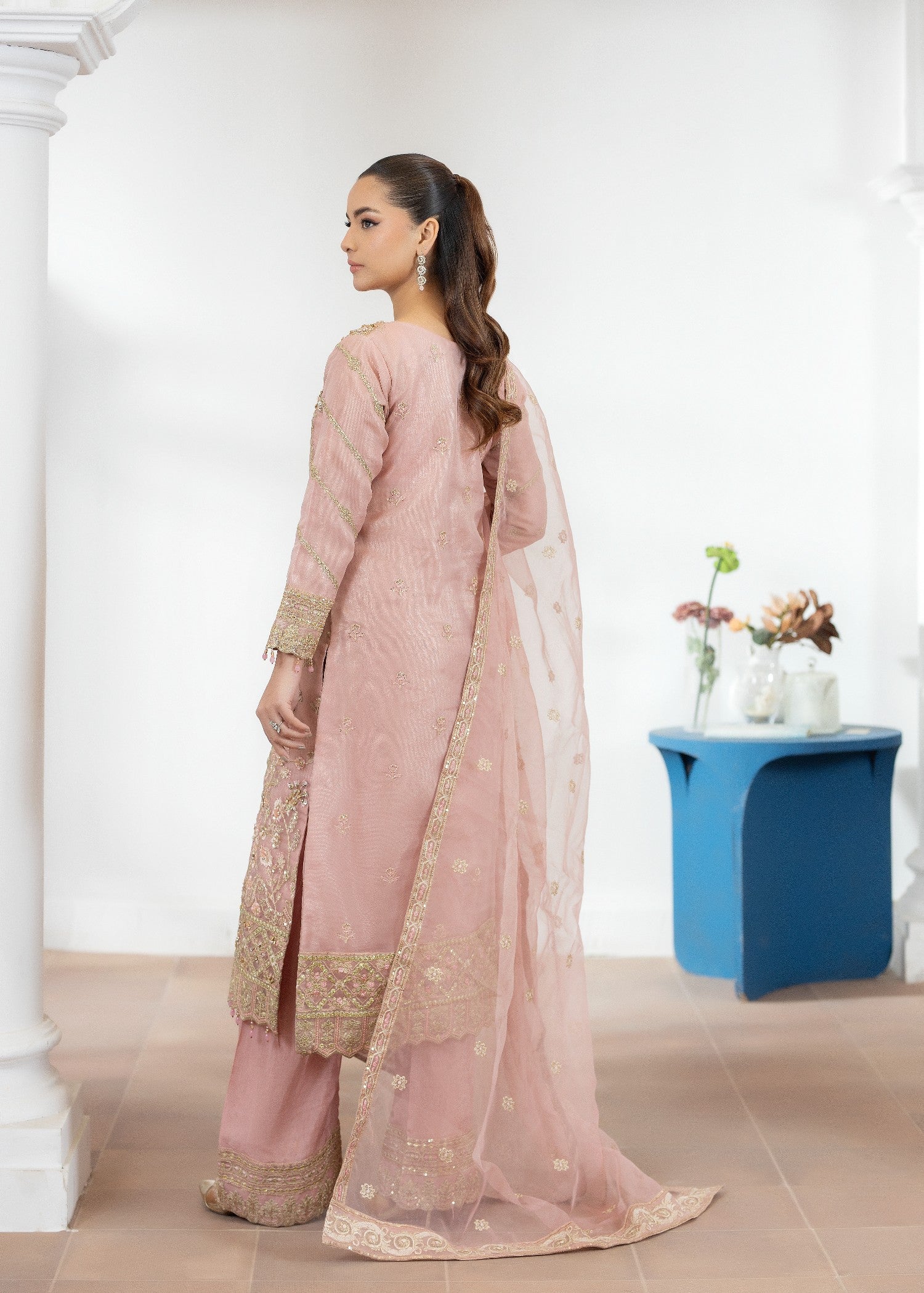 organza Kurta Set in Rose pink