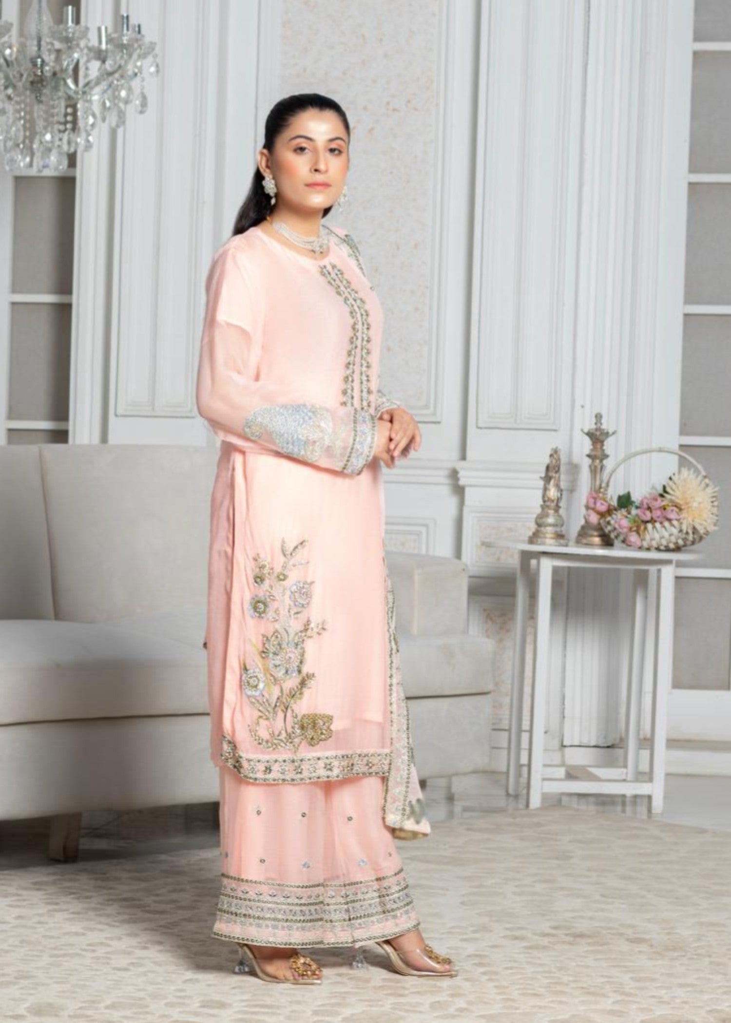 polyester chiffon Kurta Set in Peach orange