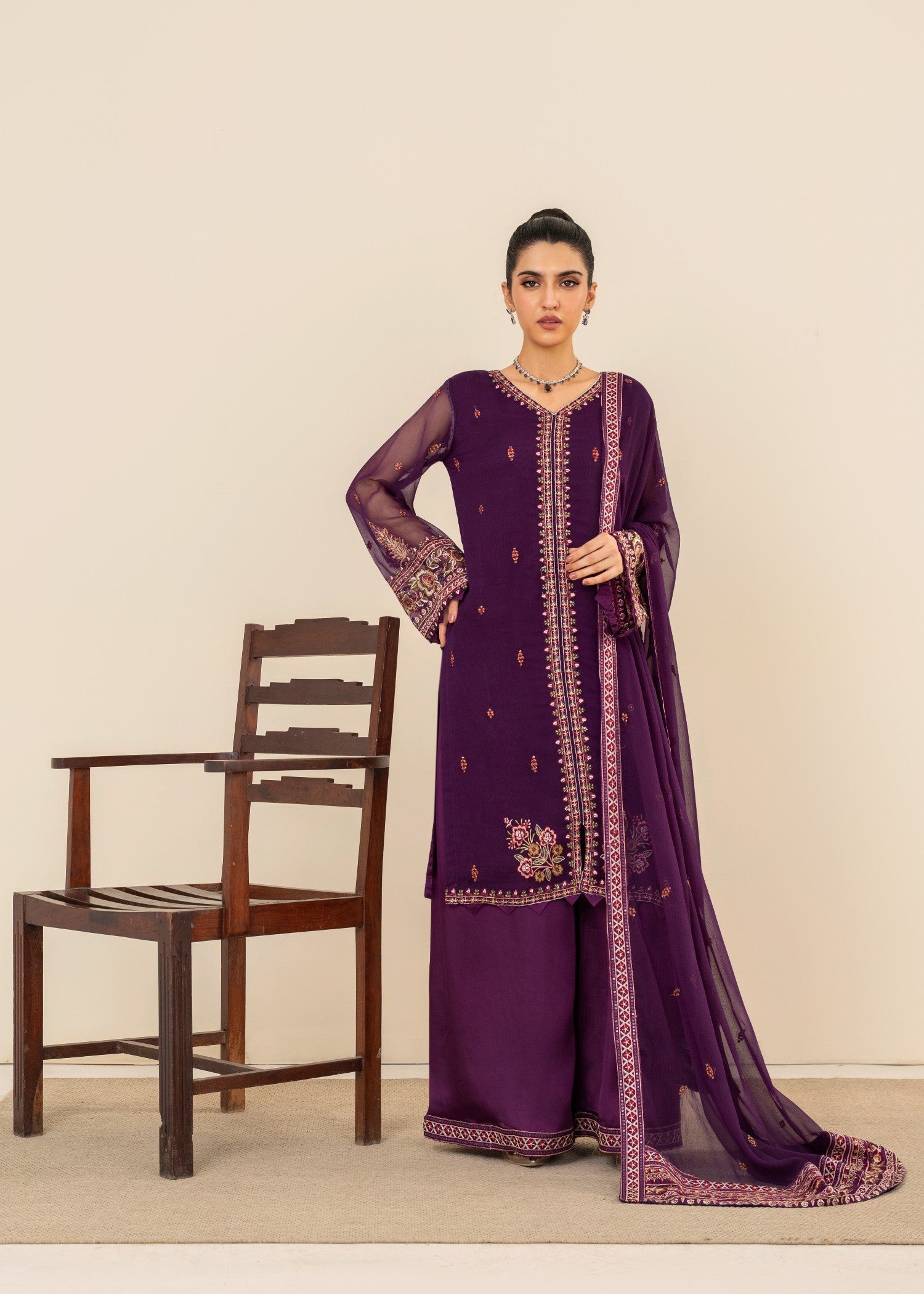 chiffon Kurta Set in Purple rain