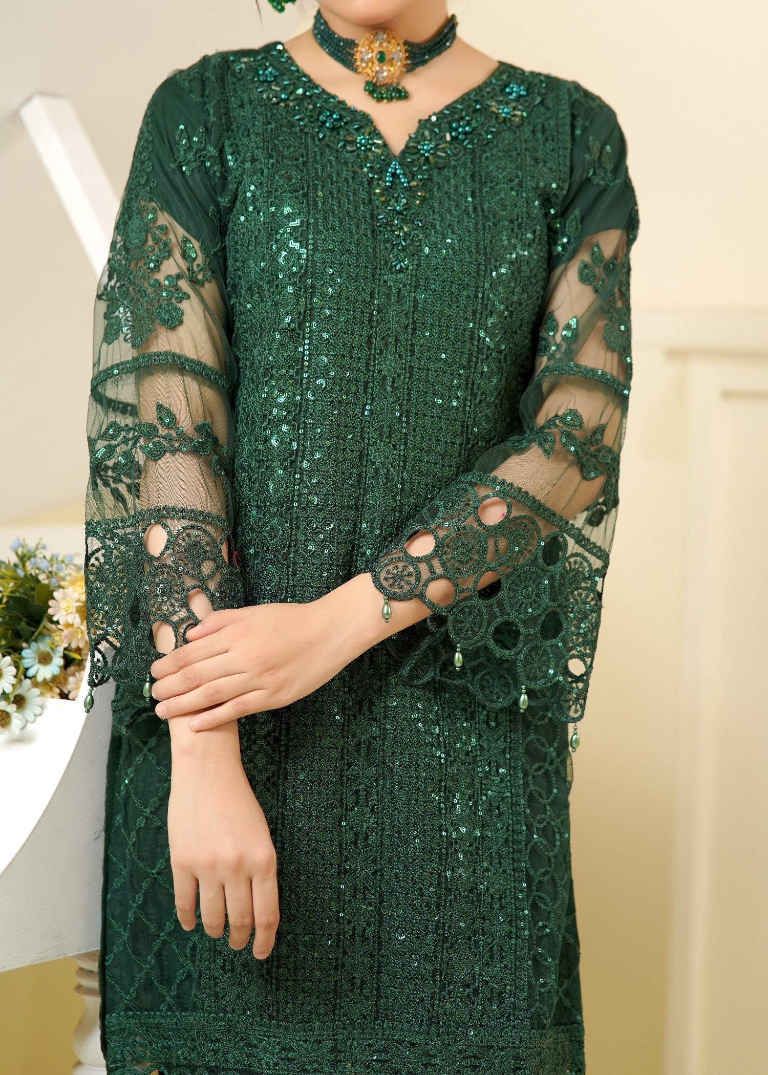 net Kurta Set in Green