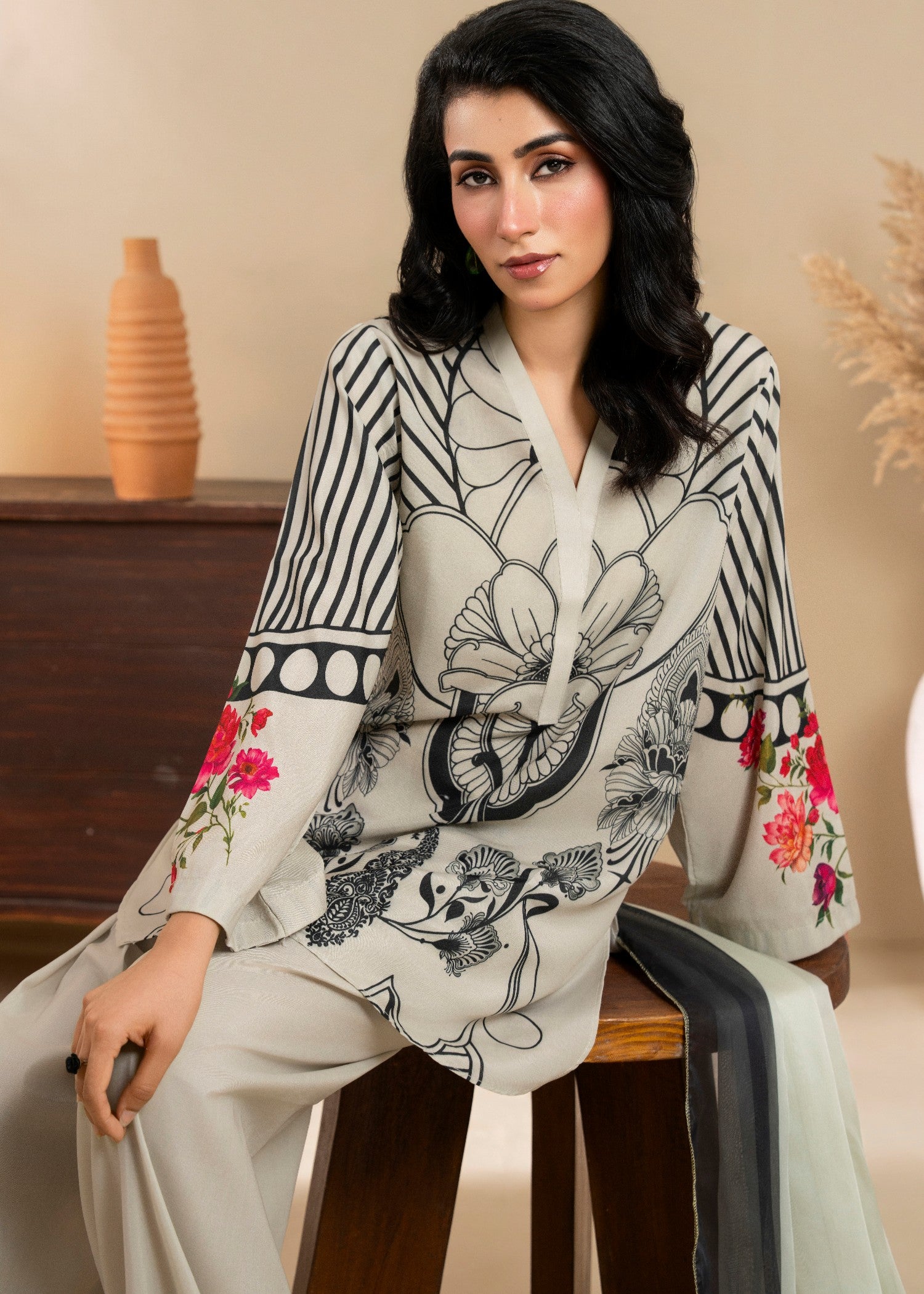 poly lawn Kurta Set in Ash grey