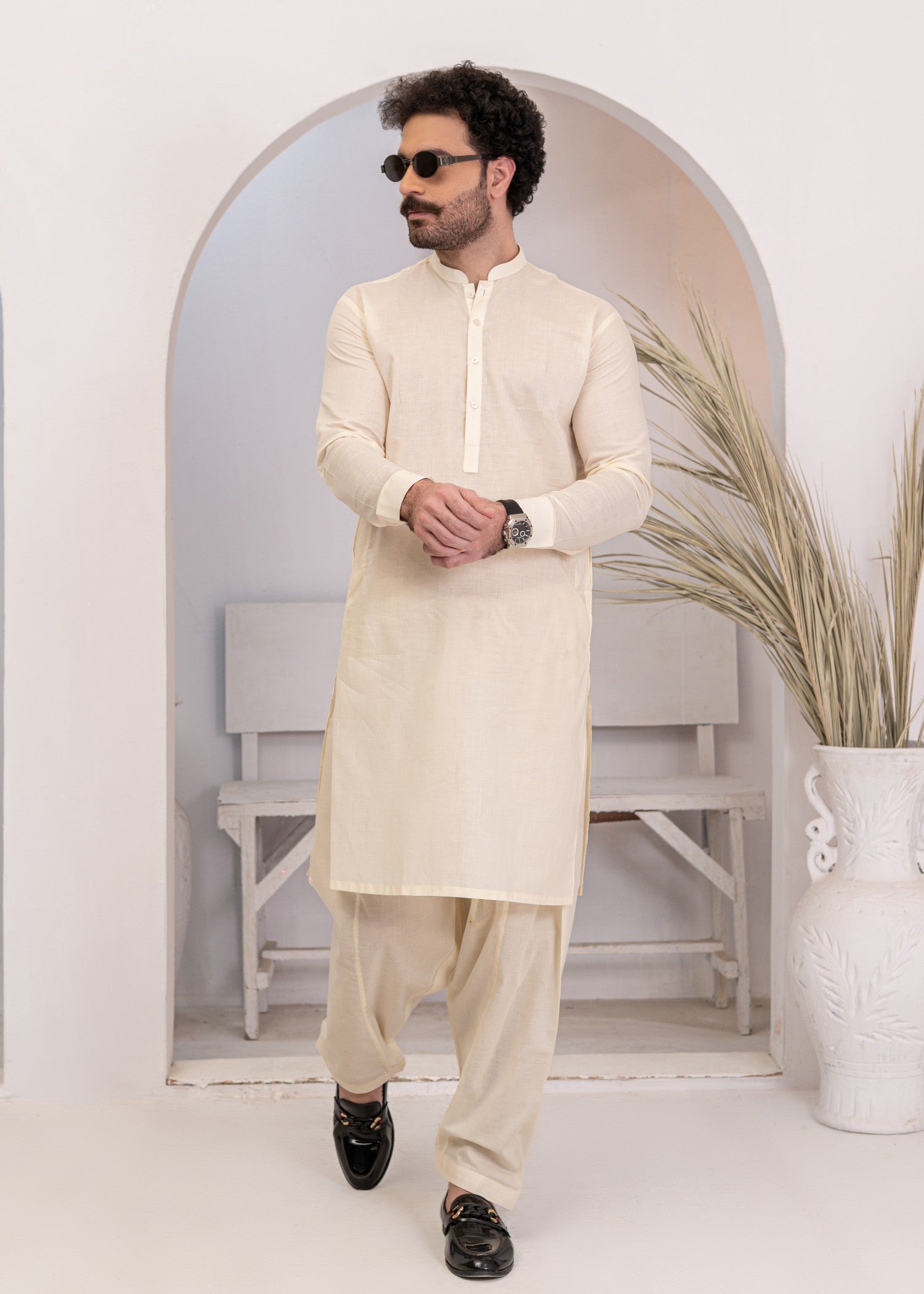 cotton Shalwar Kameez in Cream by Hassan Jee Men