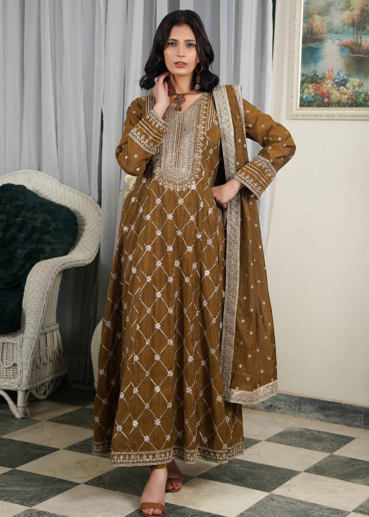 paper lawn Pishwas in Brown