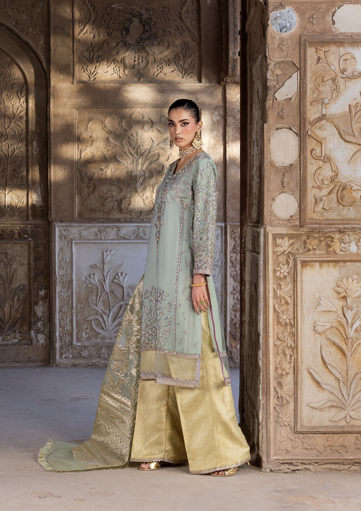 net Kurta Set in Moss green
