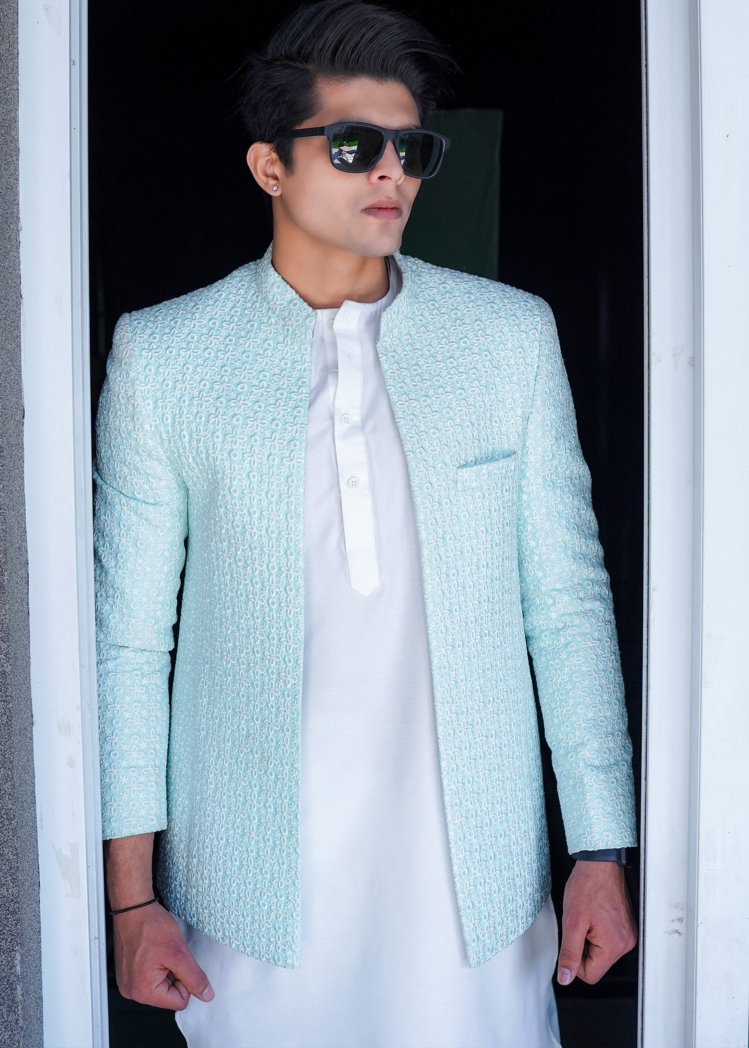 raw silk Prince Coat in Powder blue
