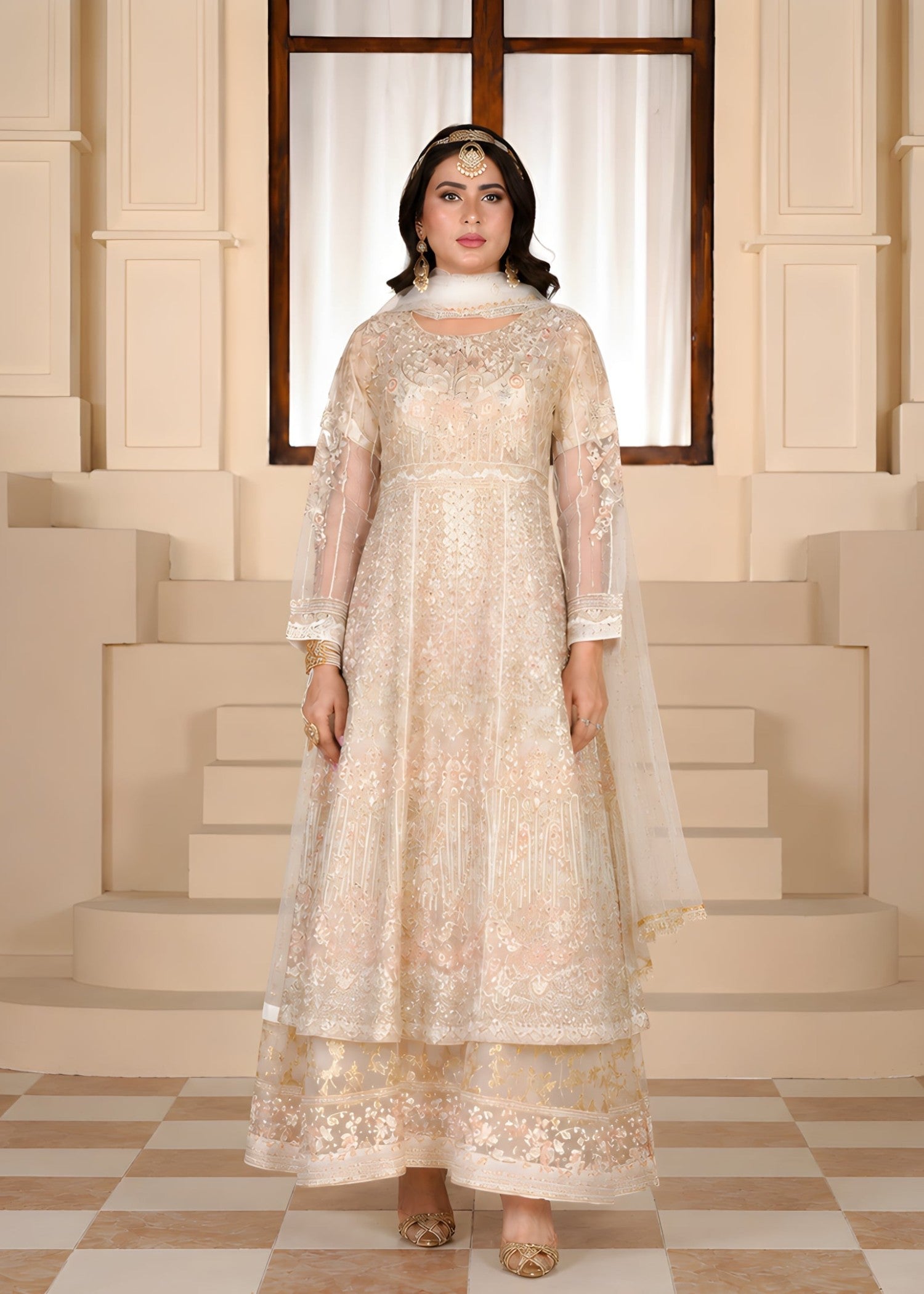 zari organza Maxi in Gold, floral white, rose pink