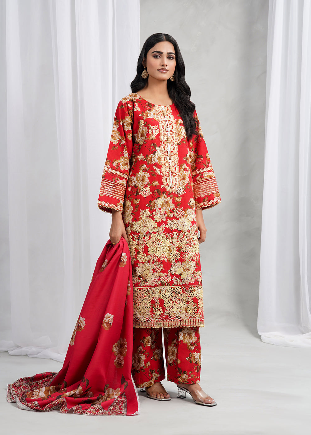 fine khaddar Kurta Set in Red