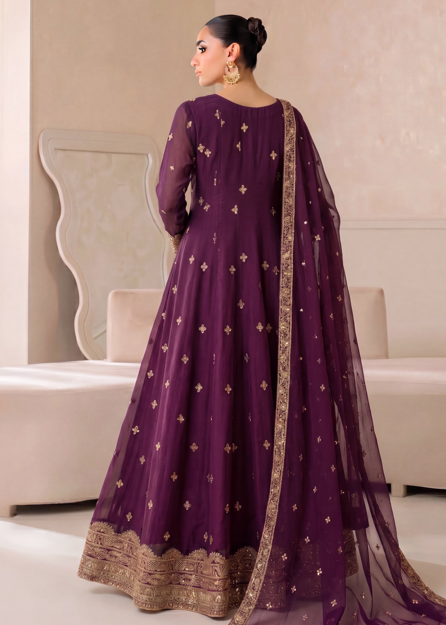 chiffon Pishwas in Plum purple