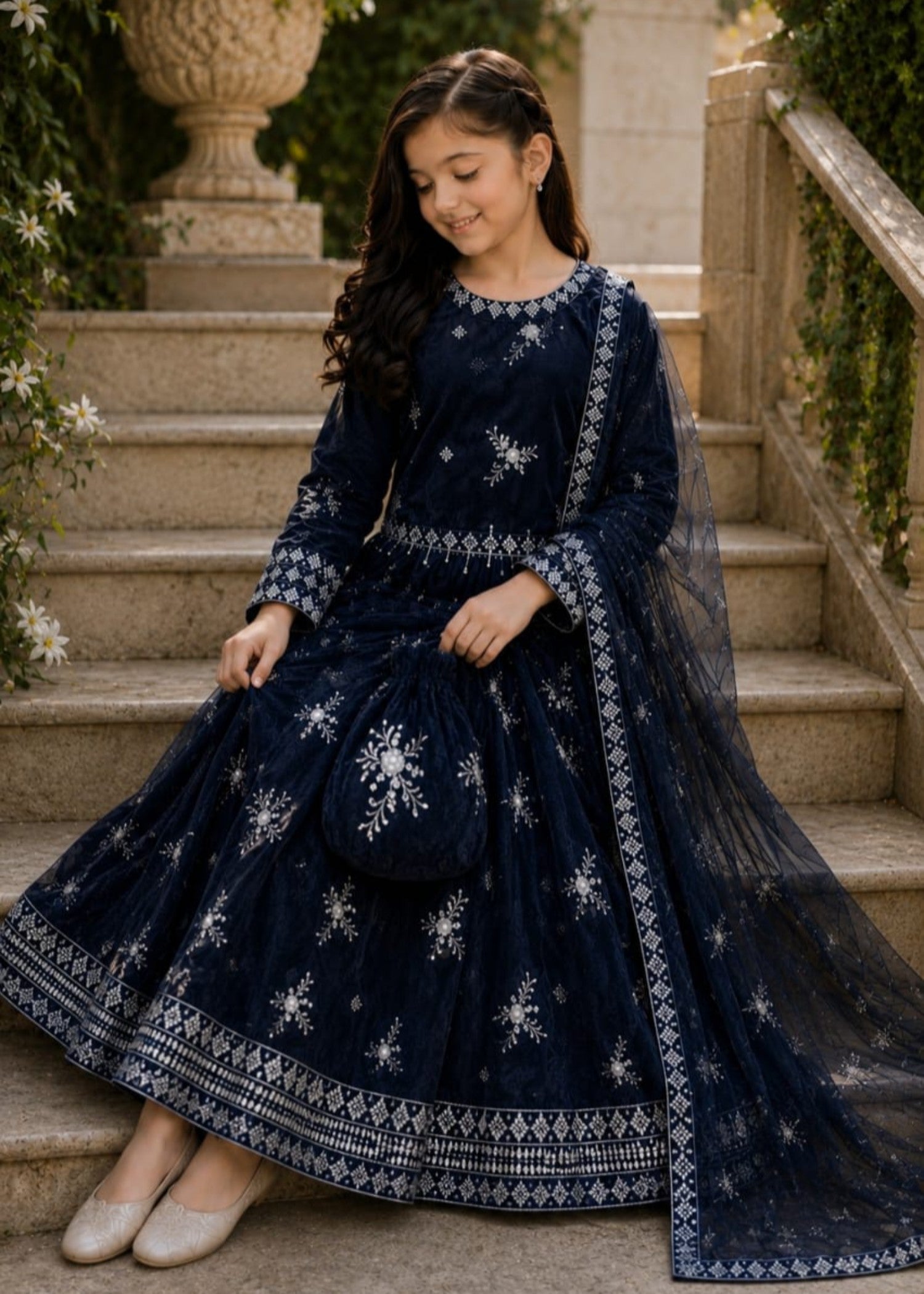 net Lehenga in Navy blue