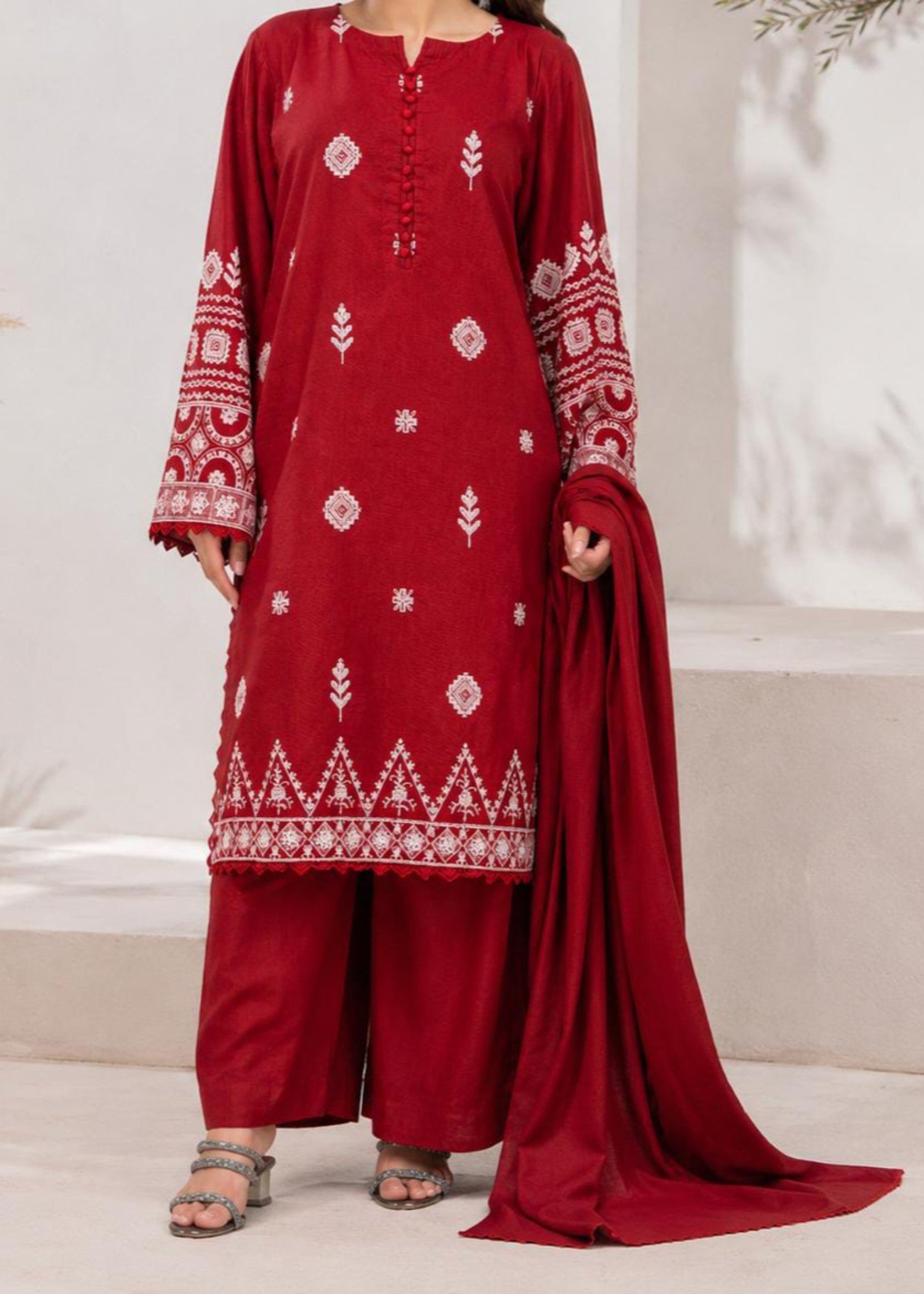 khaddar Kurta Set in Red