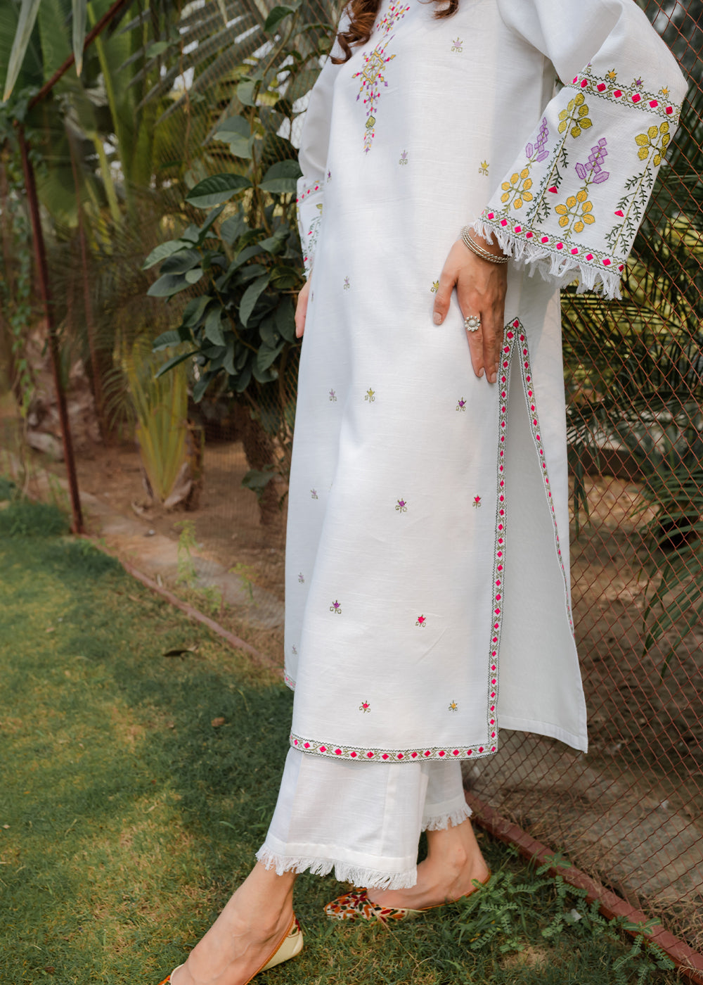 slub khaddar Kurta Set in White